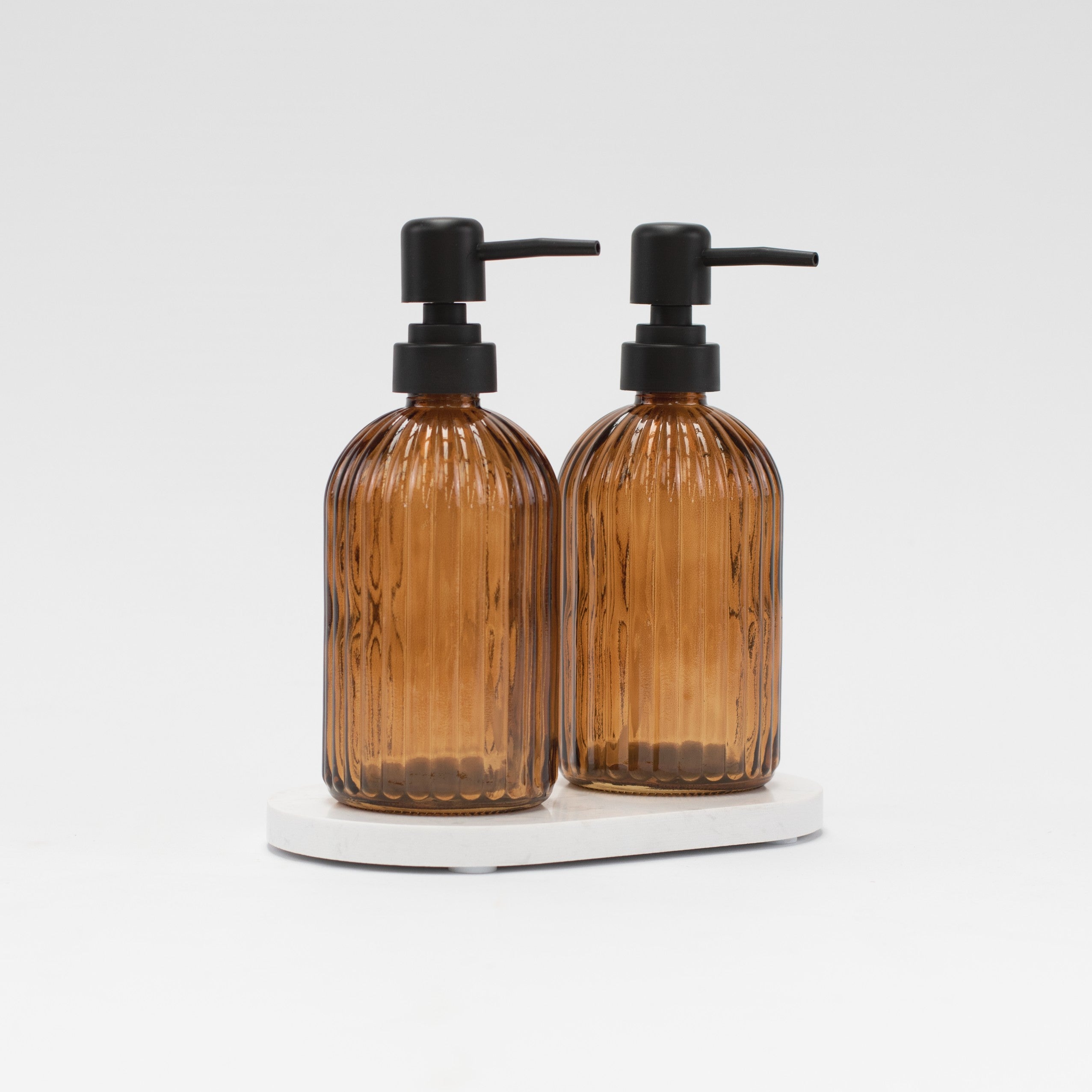 Set of 2 Ribbed Glass Amber Soap Dispenser 500 ML & Tray - Little Crafts London