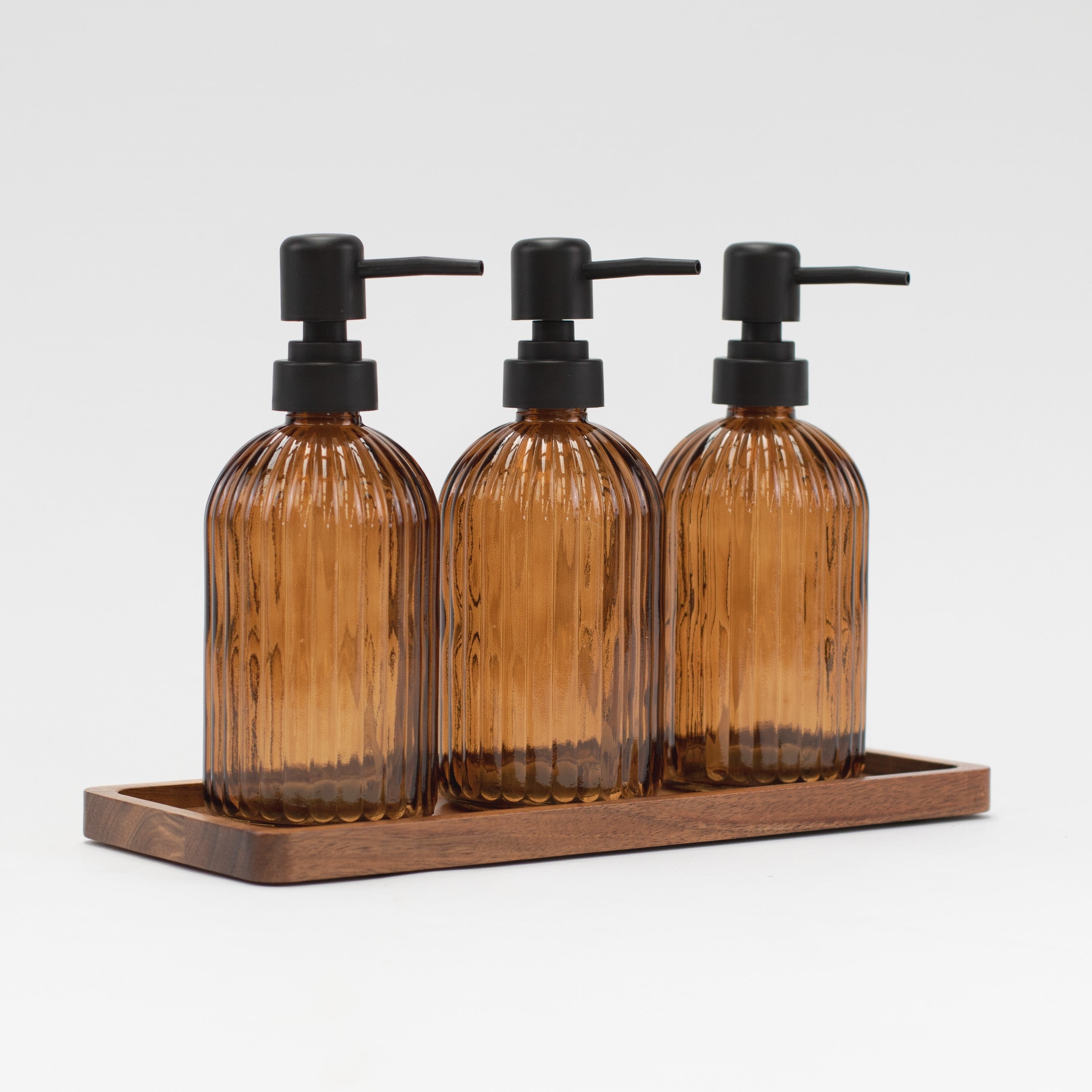 Set of 3 Ribbed Glass Amber Soap Dispenser 500 ML & Tray - Little Crafts London