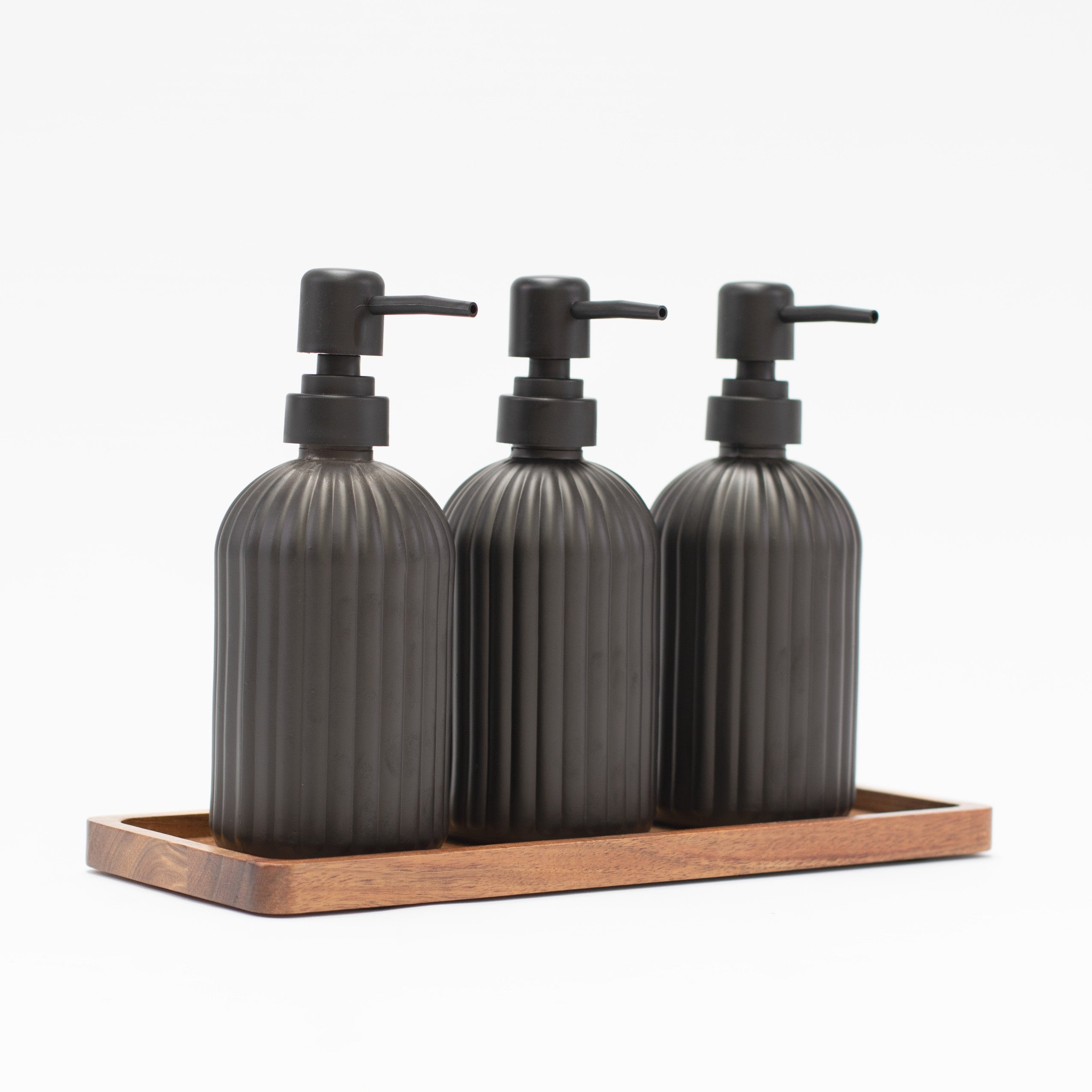Set of 3 Ribbed Glass Matt Black Soap Dispenser 500 ML & Tray - Little Crafts London