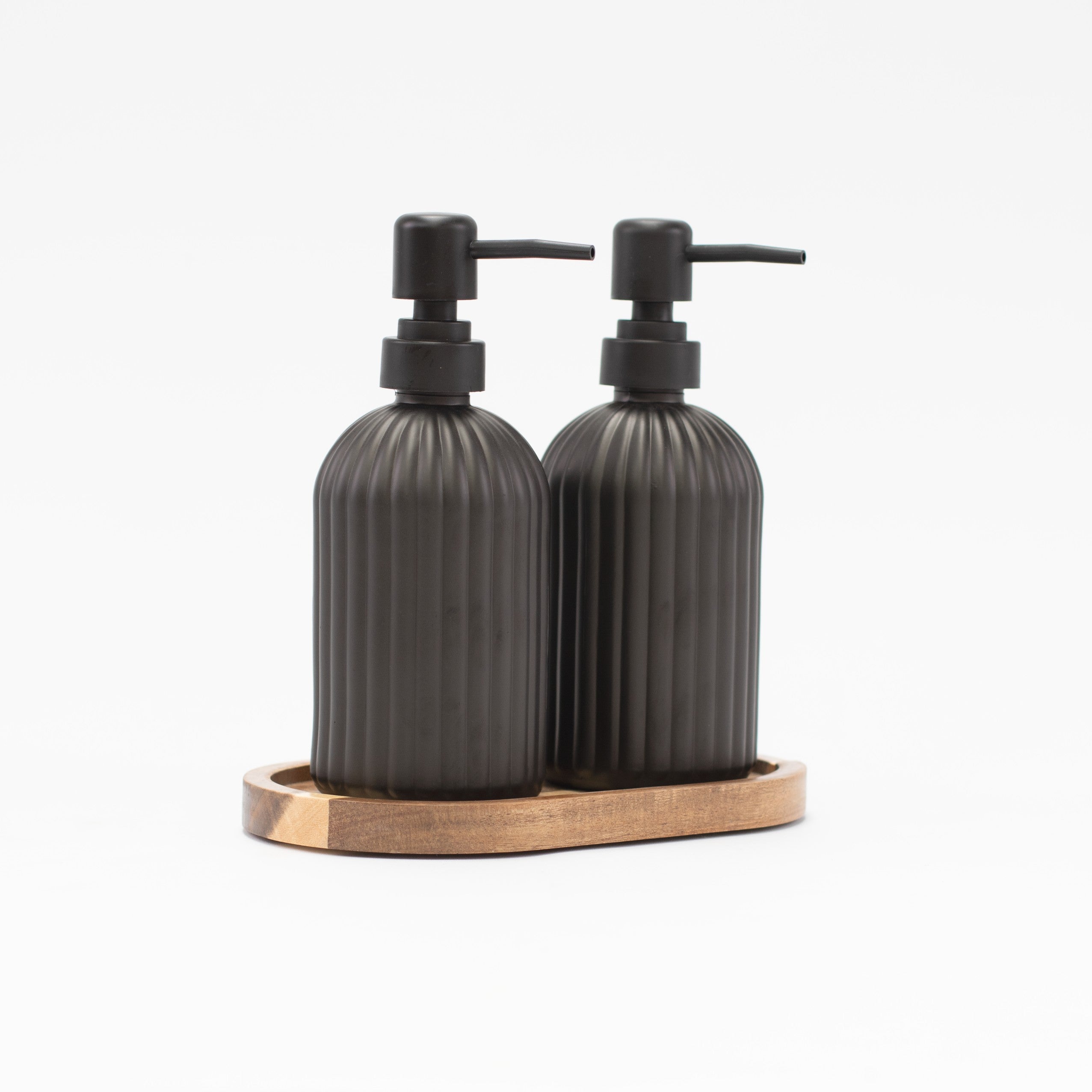 Set of 2 Ribbed Glass Matt Black Soap Dispenser 500 ML & Tray - Little Crafts London