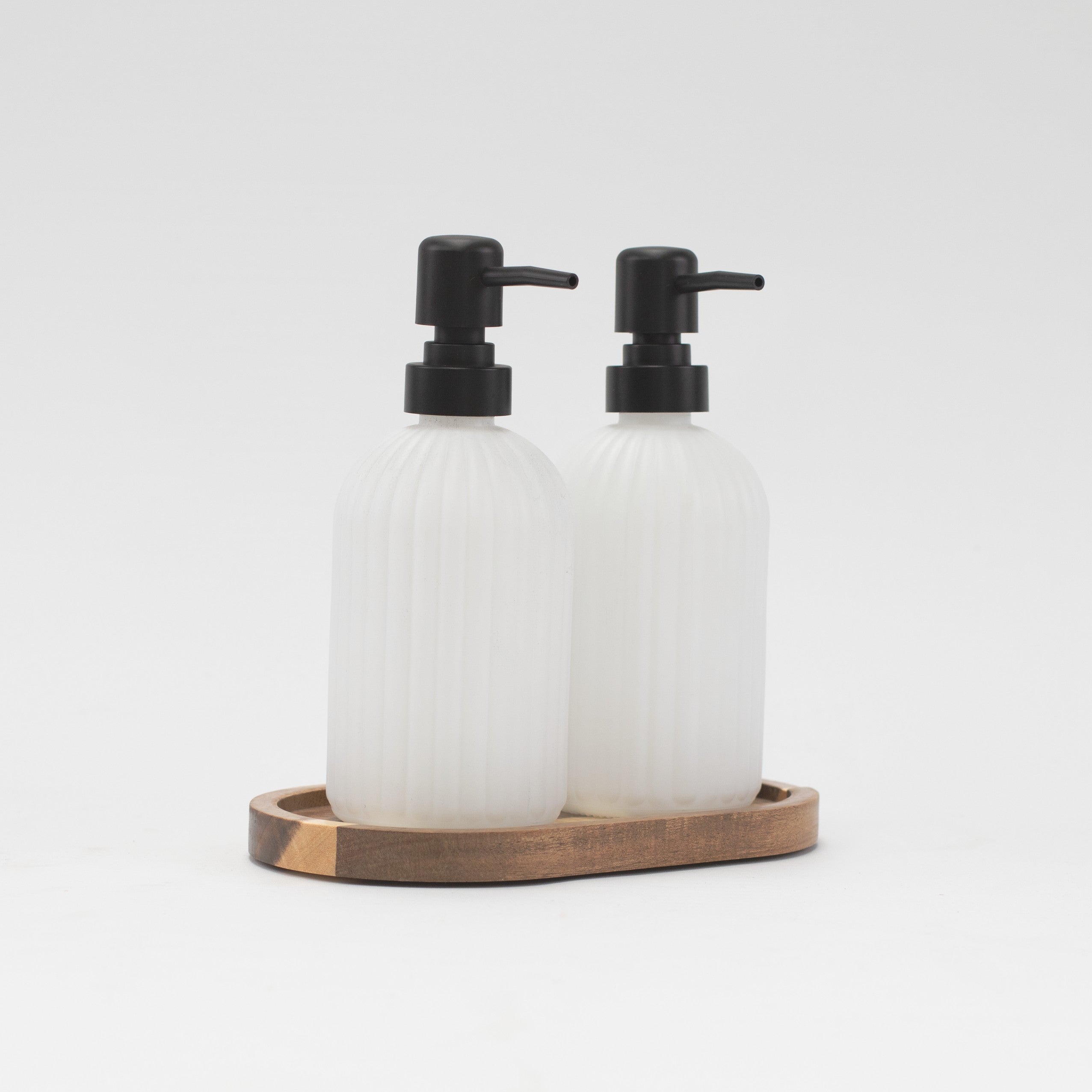 Set of 2 Ribbed Glass Matt White Soap Dispenser 500 ML & Tray - Little Crafts London
