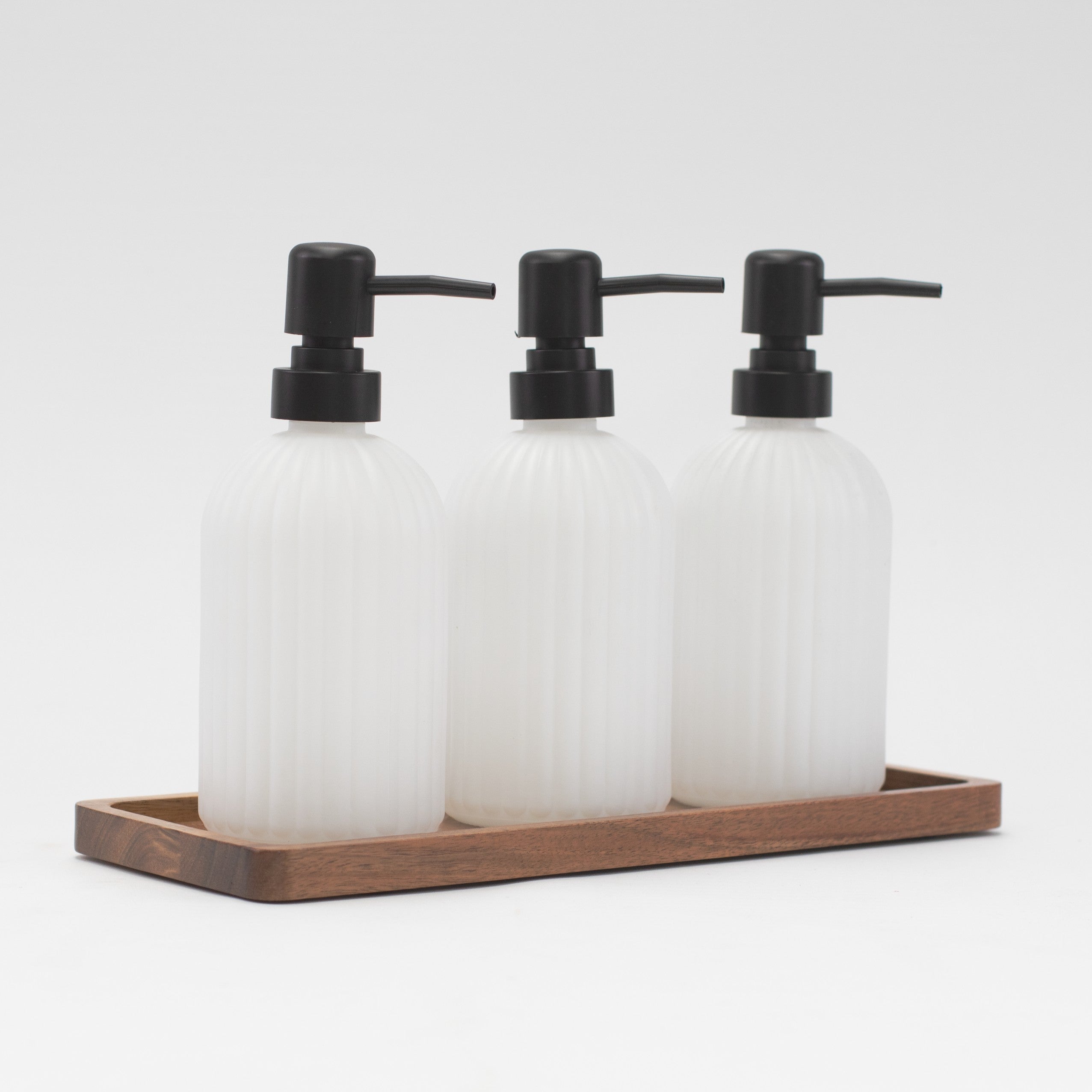 Set of 3 Ribbed Glass Matt White Soap Dispenser 500 ML & Tray - Little Crafts London