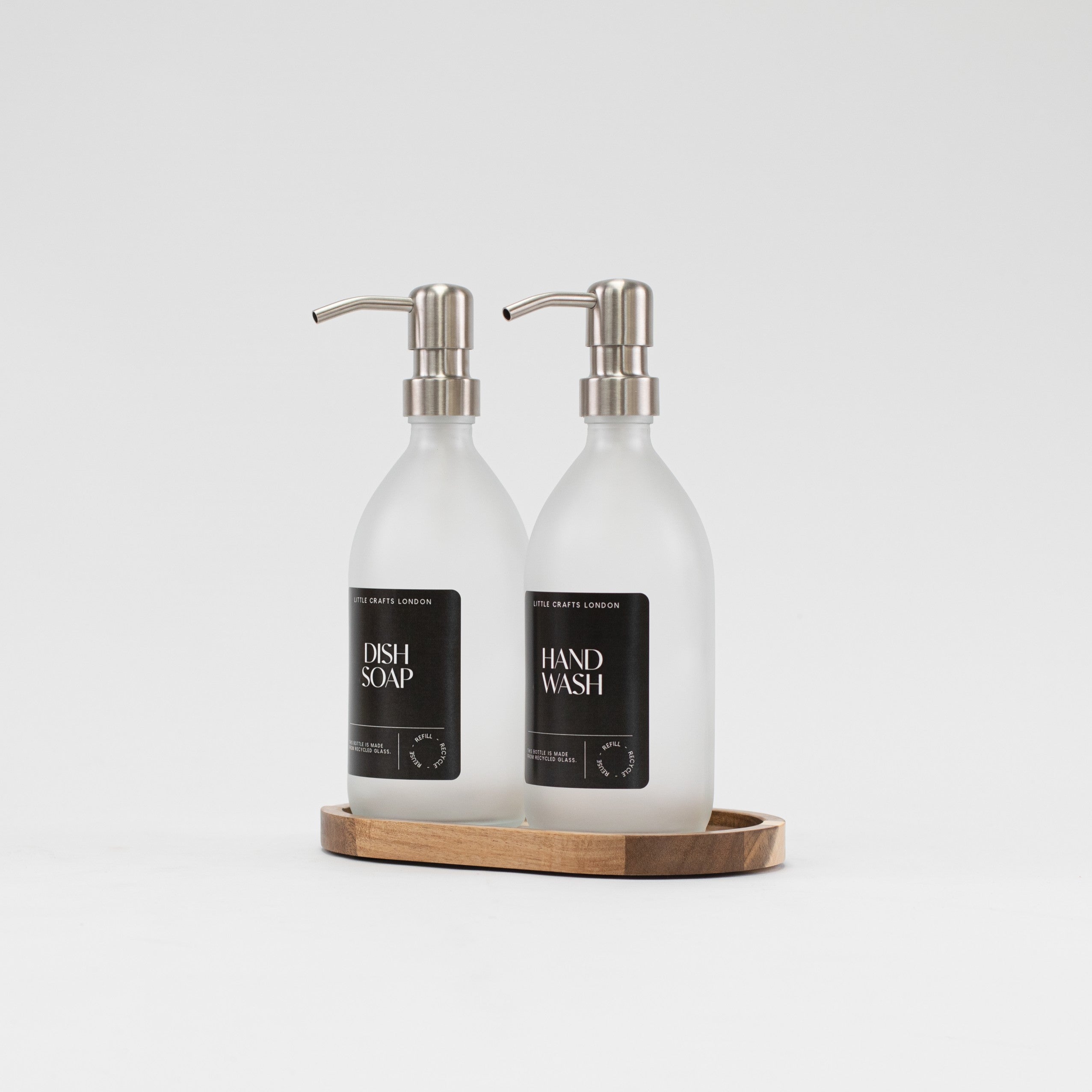 Set of 2 Frosted Clear Glass Bottle 500 ML with Stainless Steel Pump & Small Tray (Black Label)