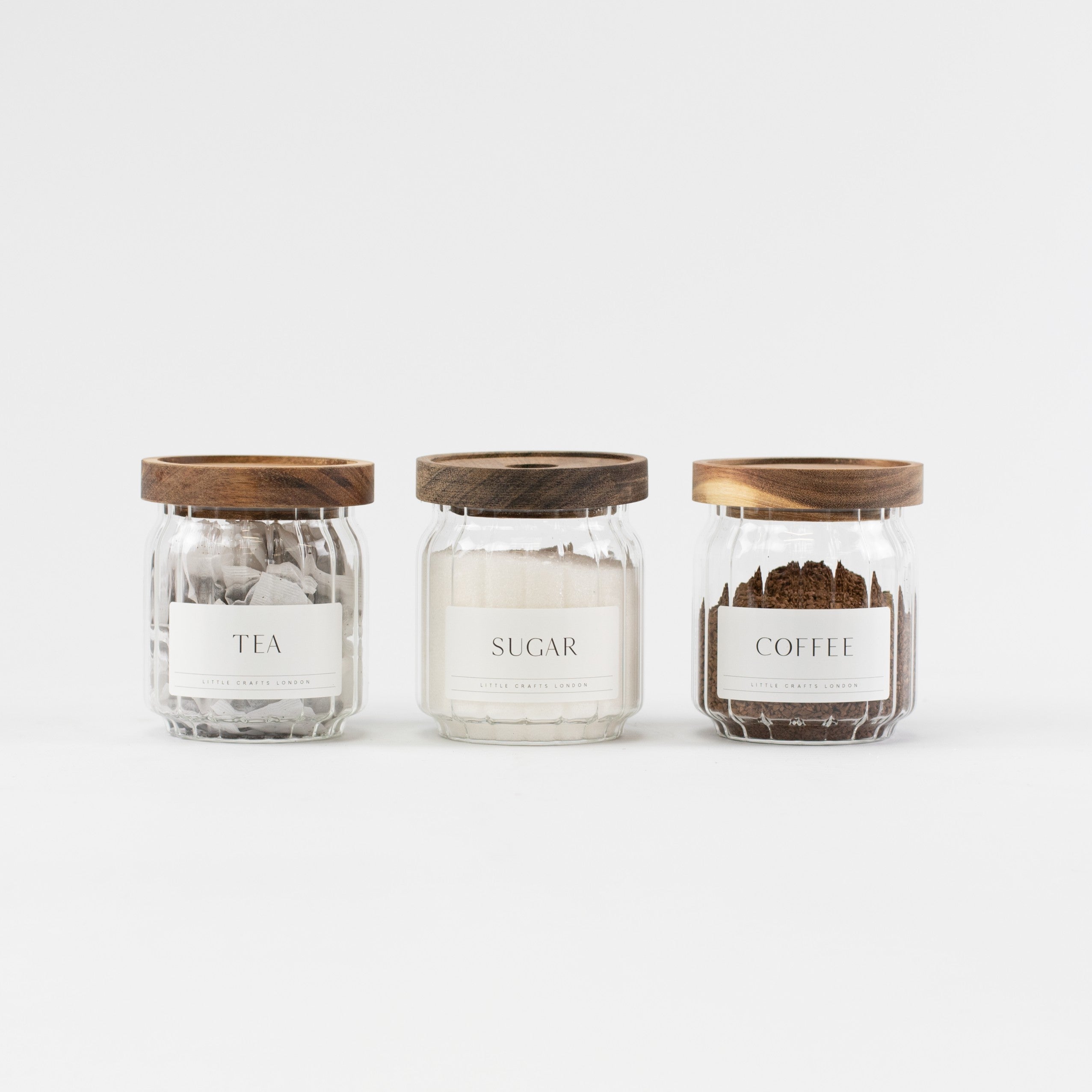 Ribbed Set of 3 Acacia Glass Jars Tea, Coffee and Sugar 450 ML