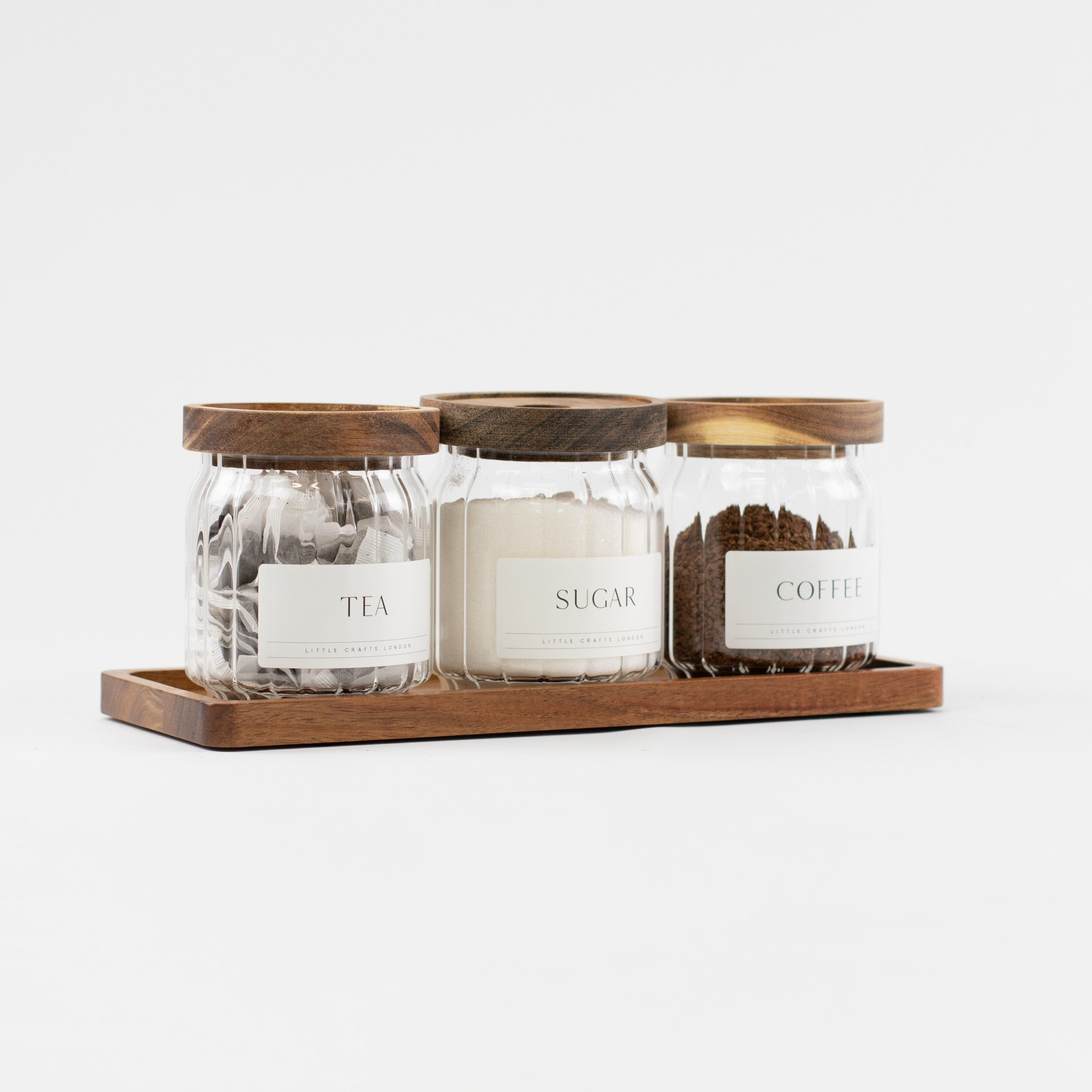 Ribbed Set of 3 Acacia Glass Jars Tea, Coffee and Sugar 450 ML & Rectangle Tray