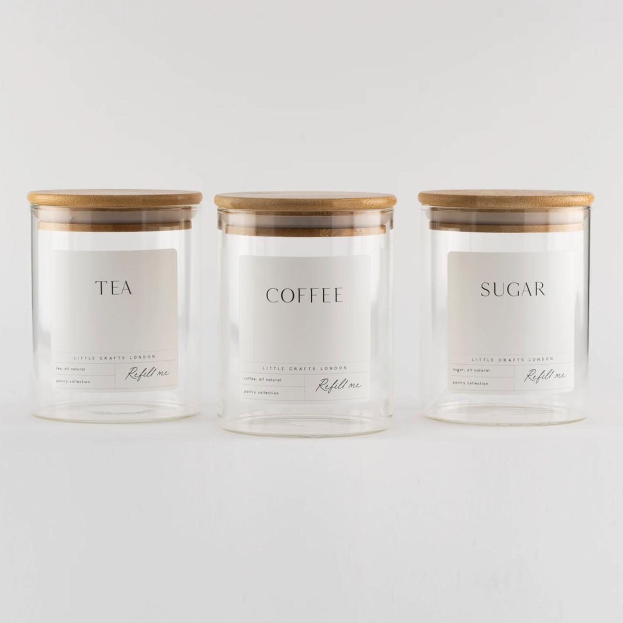Set of 3 Glass Jars with Bamboo Lid - Tea, Coffee and Sugar 800ml [Large Label]