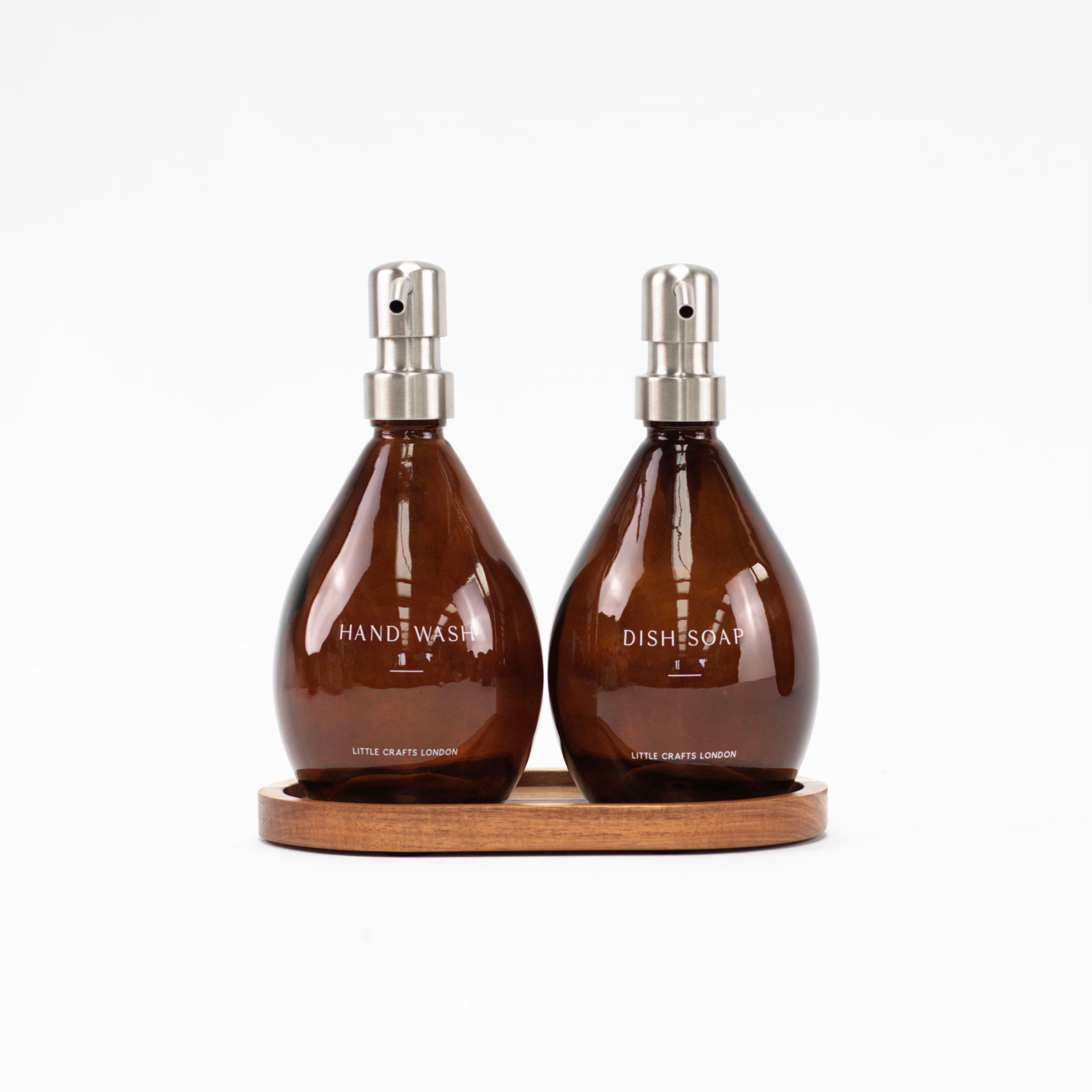 Sculpted Amber Glass Bottles 500ml Hand Wash & Dish Soap with Oval Tray - Little Crafts London