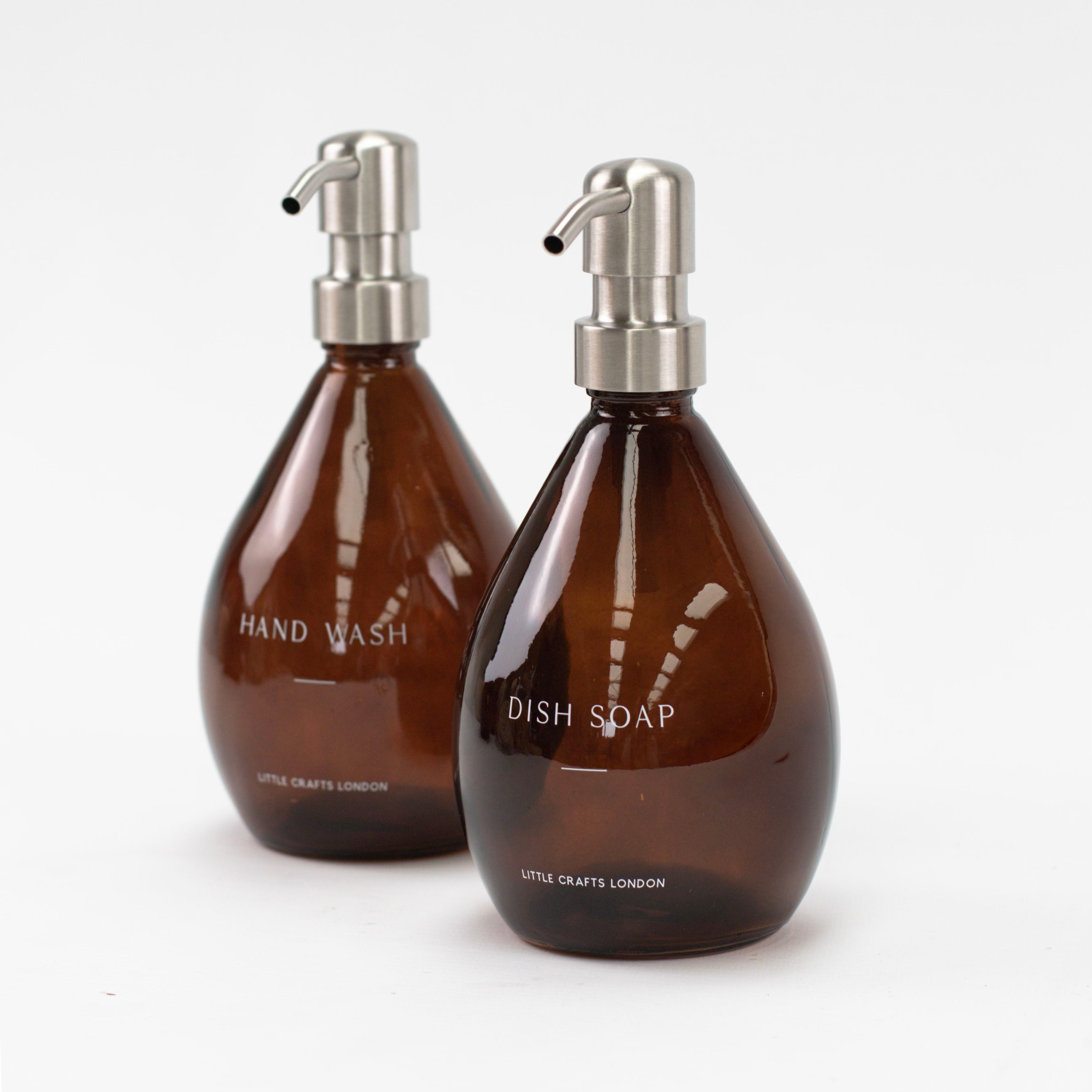 Sculpted Amber Glass Bottles 500ml Hand Wash & Dish Soap with Oval Tray - Little Crafts London