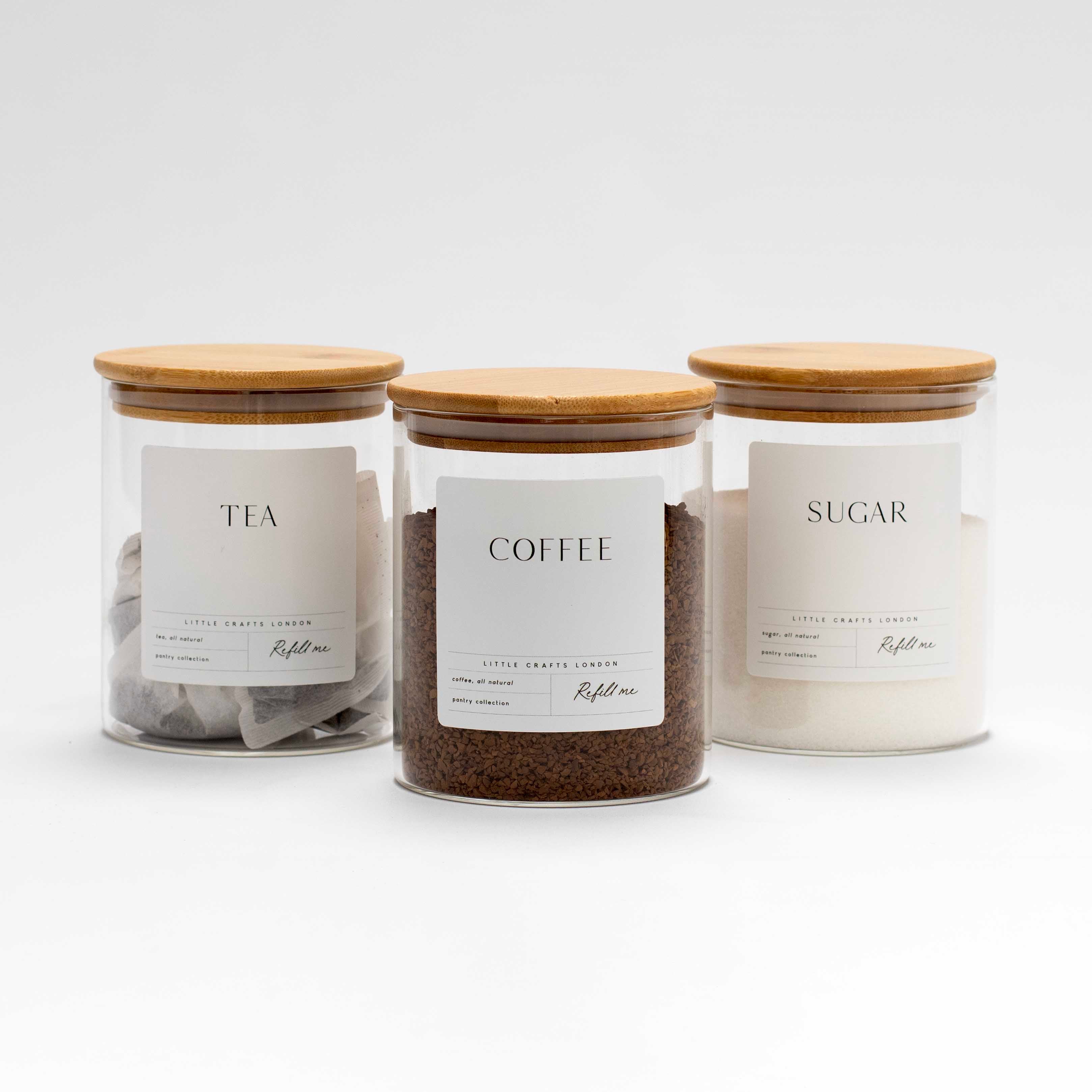 Set of 3 Glass Jars with Bamboo Lid - Tea, Coffee and Sugar 800ml [Large Label]