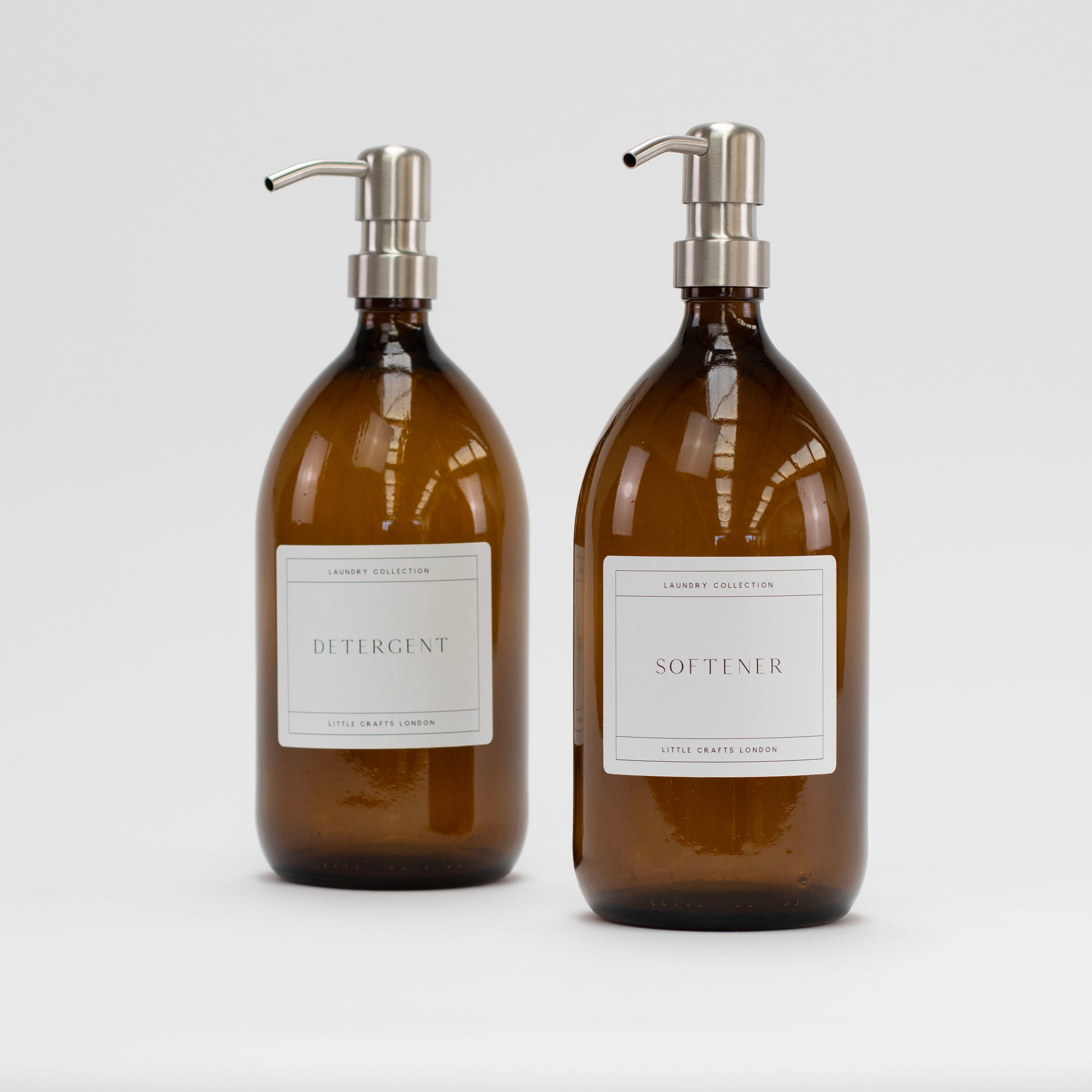 2x Amber Glass Bottle 1000ML with Stainless Steel Pump with Softener Detergent label