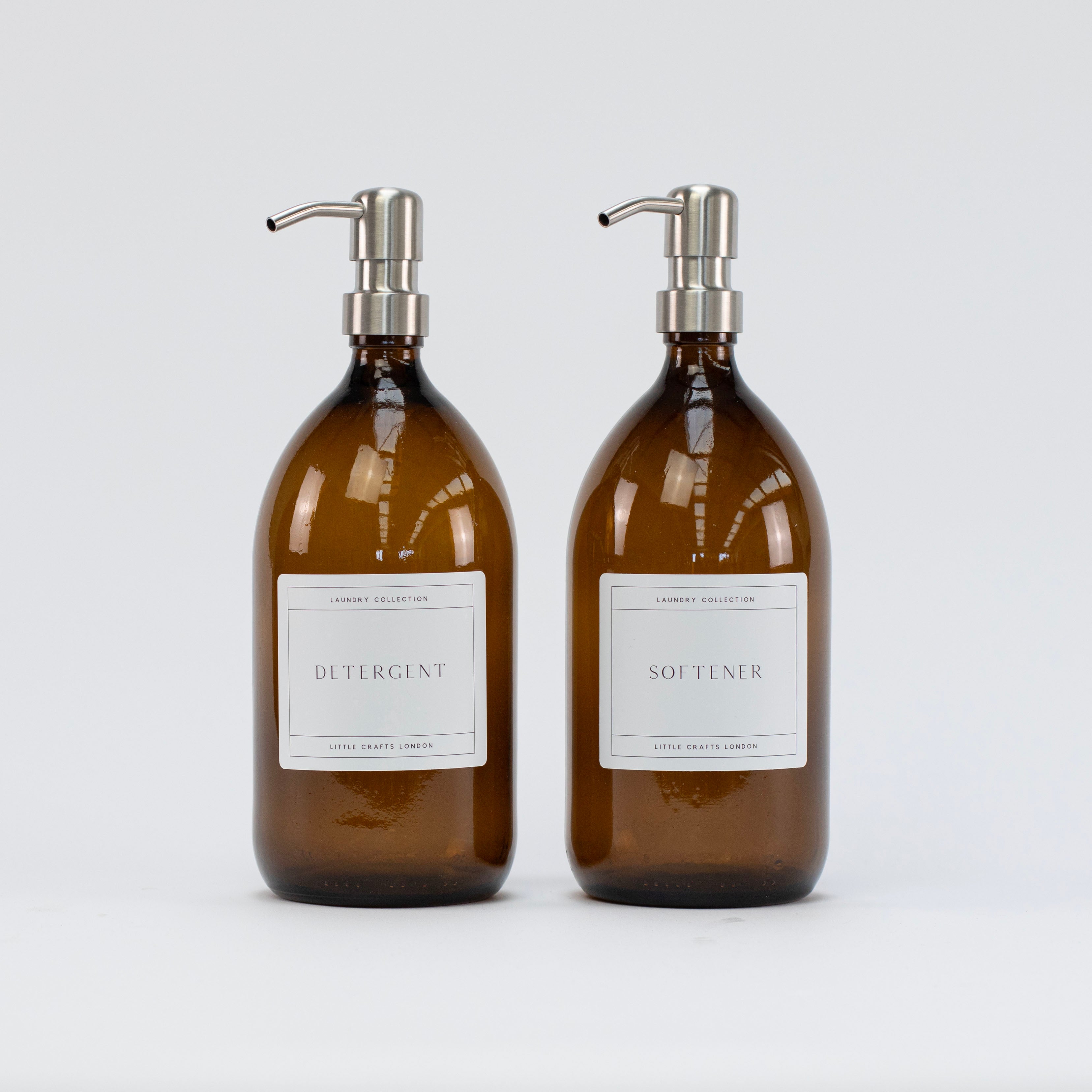 2x Amber Glass Bottle 1000ML with Stainless Steel Pump with Softener Detergent label