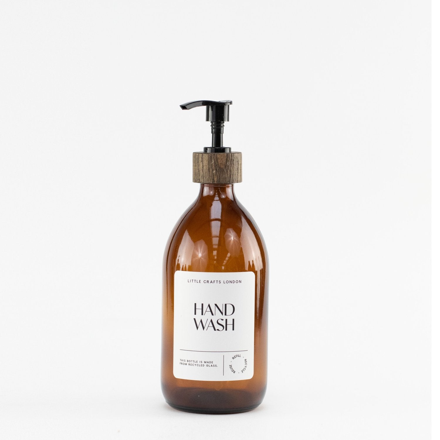 500ml Amber Glass Bottle with Dark Wood Pump (White Label) - Little Crafts London