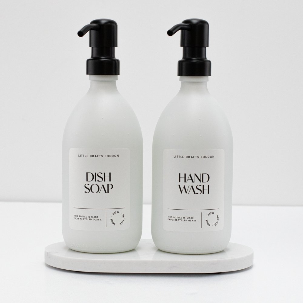 Set of 2 Milky White Glass Bottle 500 ML with Stainless Steel Pump & Small Tray (White Label) - Little Crafts London