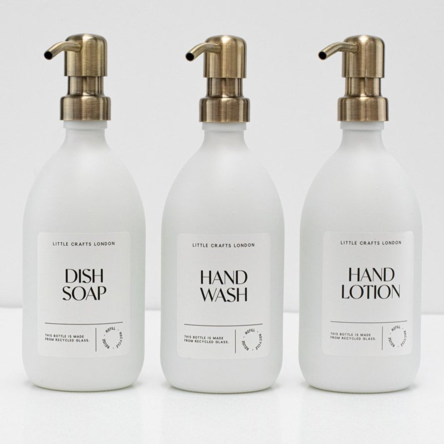 Set of 2 Milky White Glass Bottle 500 ML with Stainless Steel Pump & Small Tray (White Label) - Little Crafts London