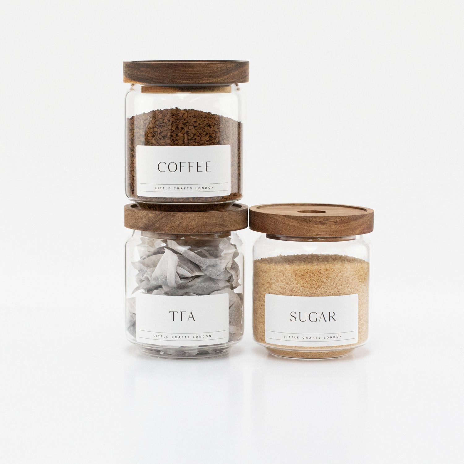 Set of 3 Acacia Glass Jars Tea, Coffee and Sugar 450 ML [LABEL SLIM] - Little Crafts London
