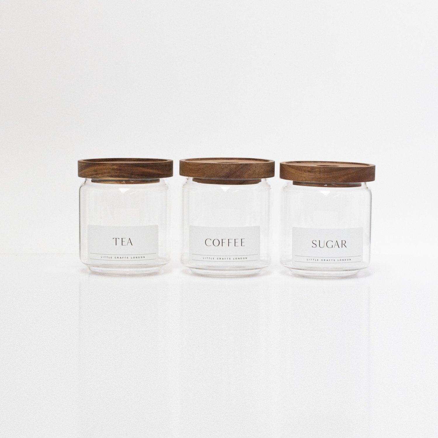 Set of 3 Acacia Glass Jars Tea, Coffee and Sugar 450 ML [LABEL SLIM] - Little Crafts London