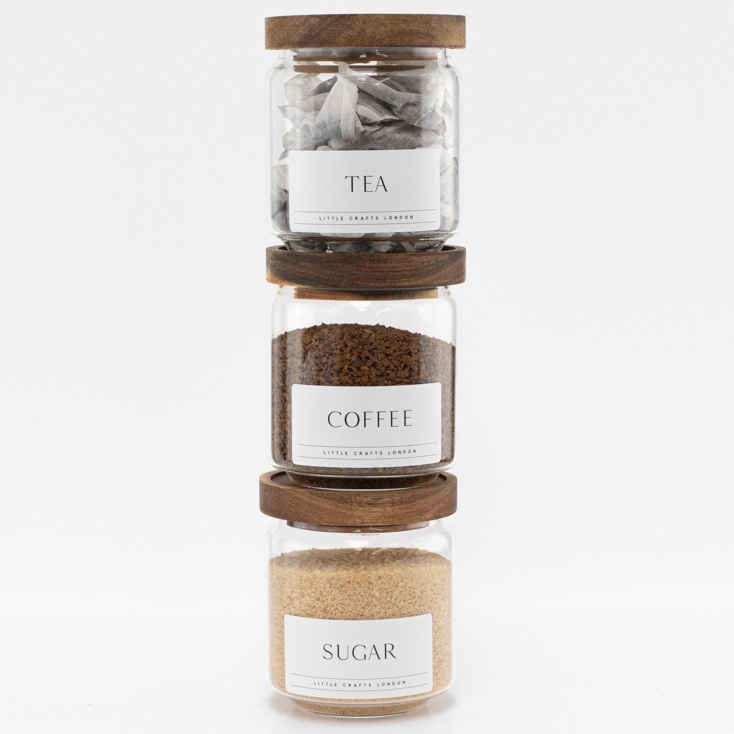Set of 3 Acacia Glass Jars Tea, Coffee and Sugar 450 ML [LABEL SLIM] - Little Crafts London