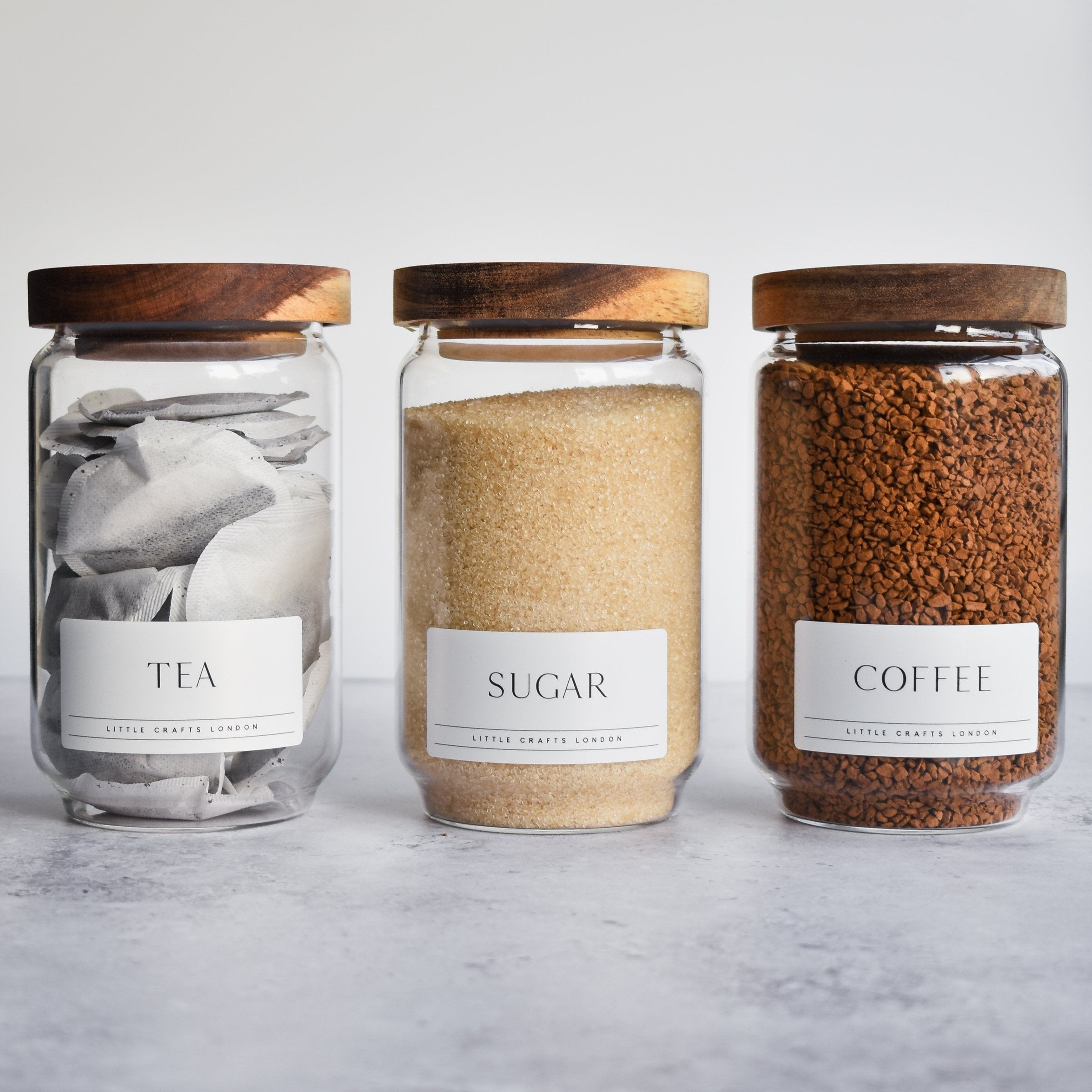 Set of 3 Acacia Glass Jars Tea, Coffee and Sugar 750 ML [LABEL SLIM] - Little Crafts London