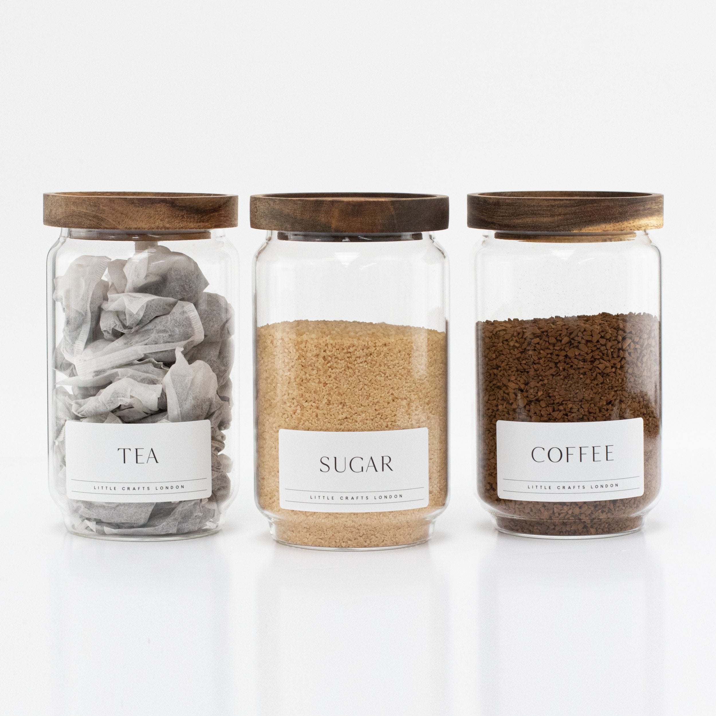 Set of 3 Acacia Glass Jars Tea, Coffee and Sugar 750 ML [LABEL SLIM] - Little Crafts London