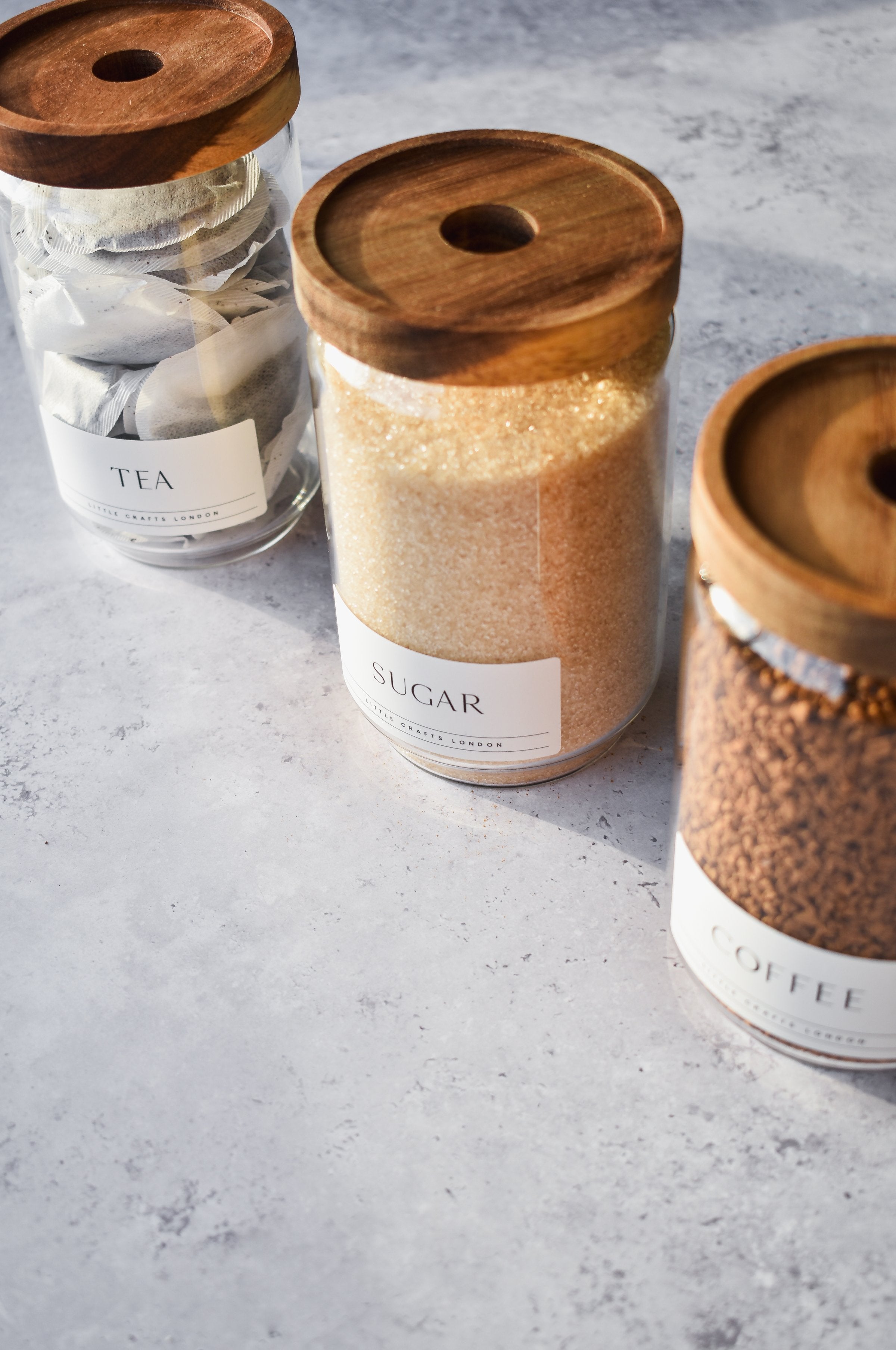 Set of 3 Acacia Glass Jars Tea, Coffee and Sugar 750 ML [LABEL SLIM] - Little Crafts London