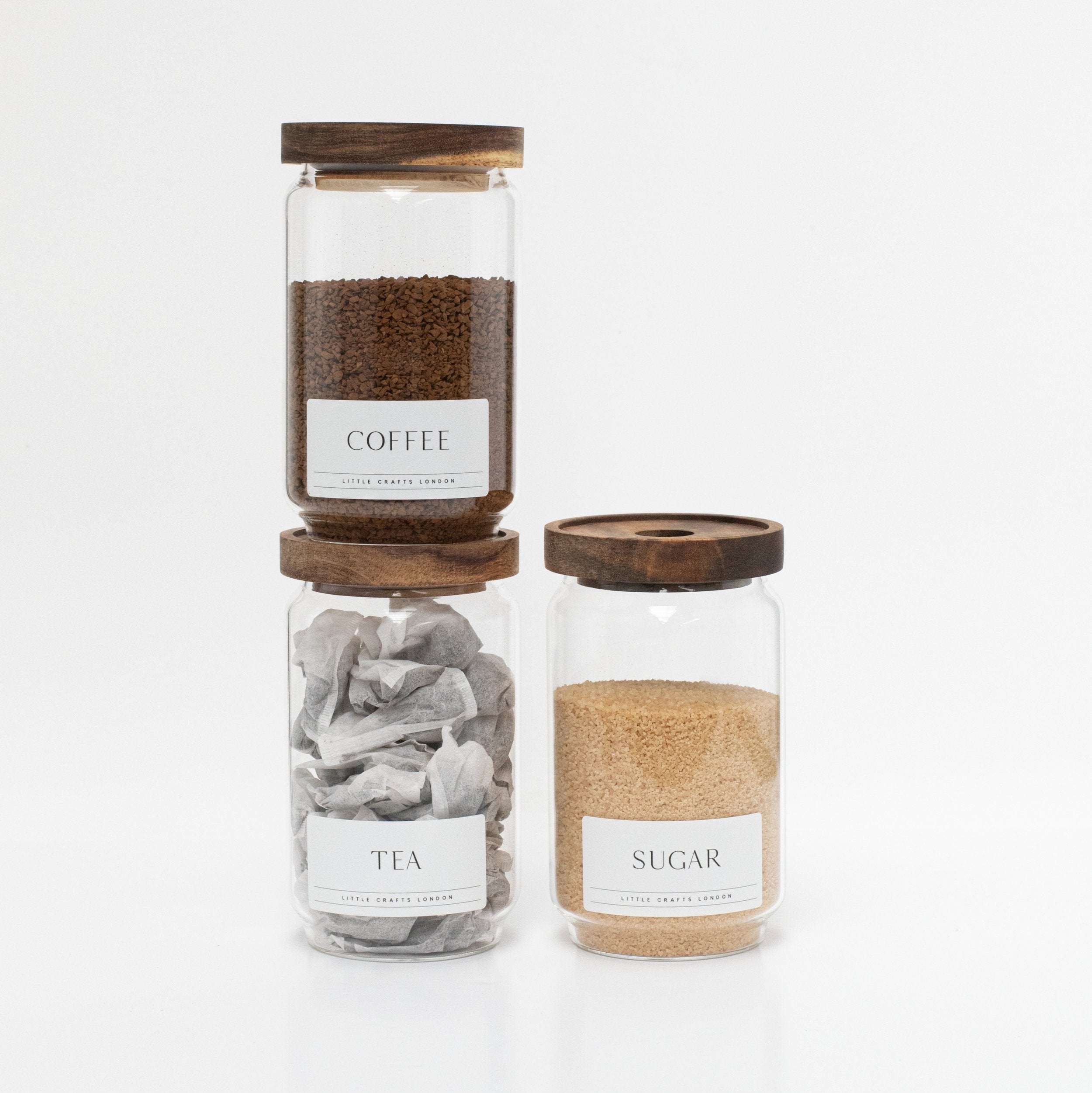 Set of 3 Acacia Glass Jars Tea, Coffee and Sugar 750 ML [LABEL SLIM] - Little Crafts London