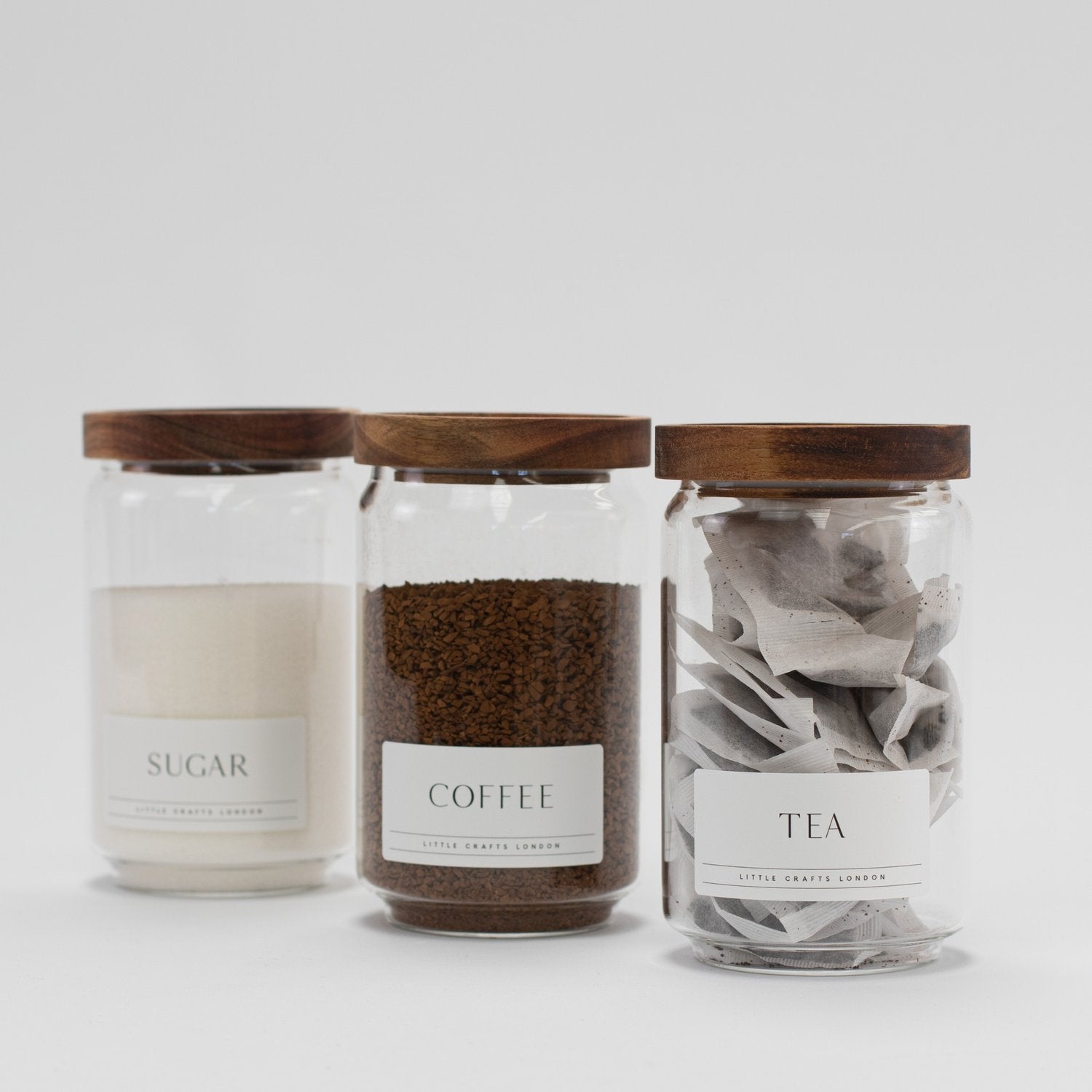Set of 3 Acacia Glass Jars Tea, Coffee and Sugar 750 ML [LABEL SLIM] - Little Crafts London