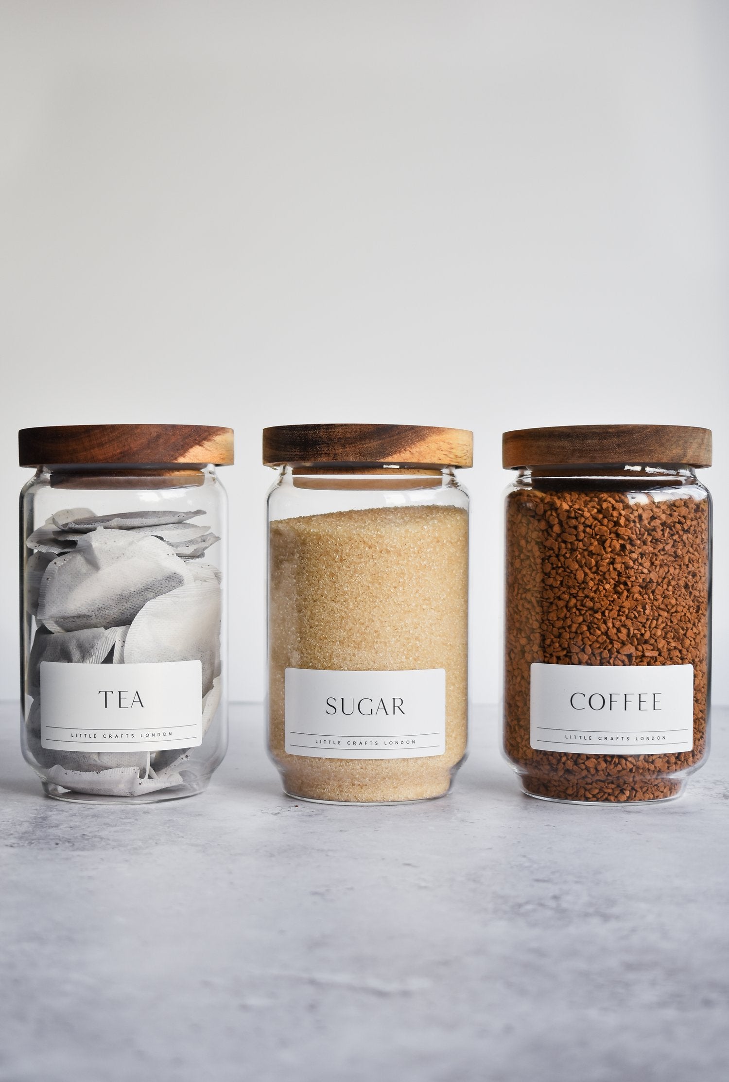 Set of 3 Acacia Glass Jars Tea, Coffee and Sugar 750 ML & Rectangle Tray [LABEL SLIM] - Little Crafts London