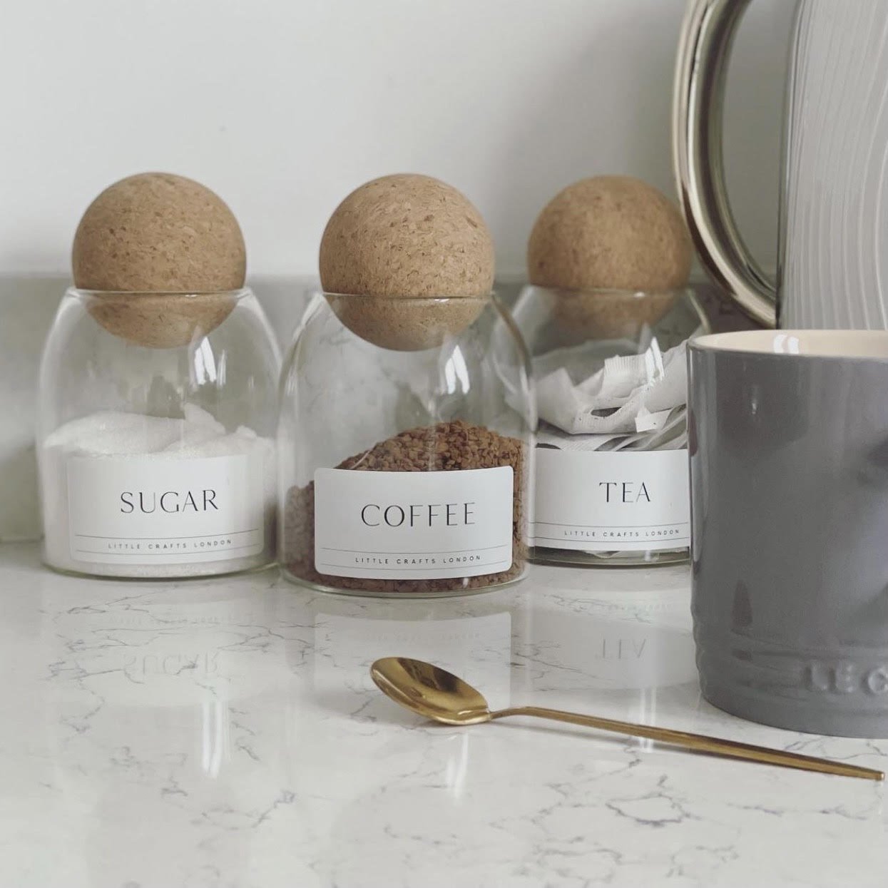 Set of 3 Cork Ball Glass Jars - Tea, Coffee and Sugar 500ml - Little Crafts London