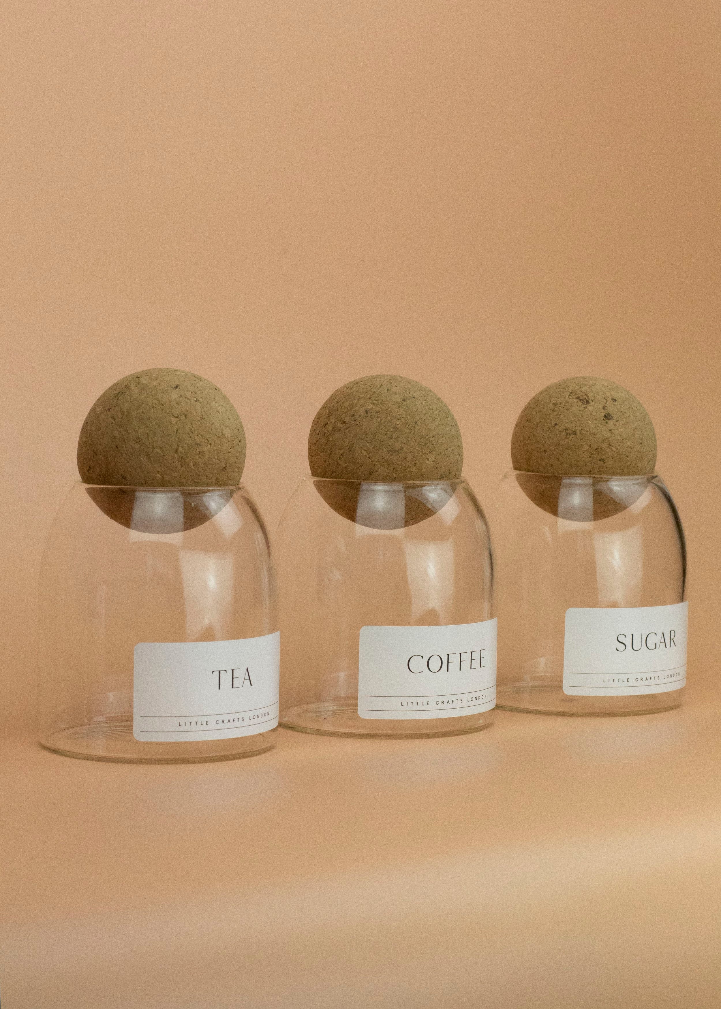 Set of 3 Cork Ball Glass Jars - Tea, Coffee and Sugar 500ml - Little Crafts London