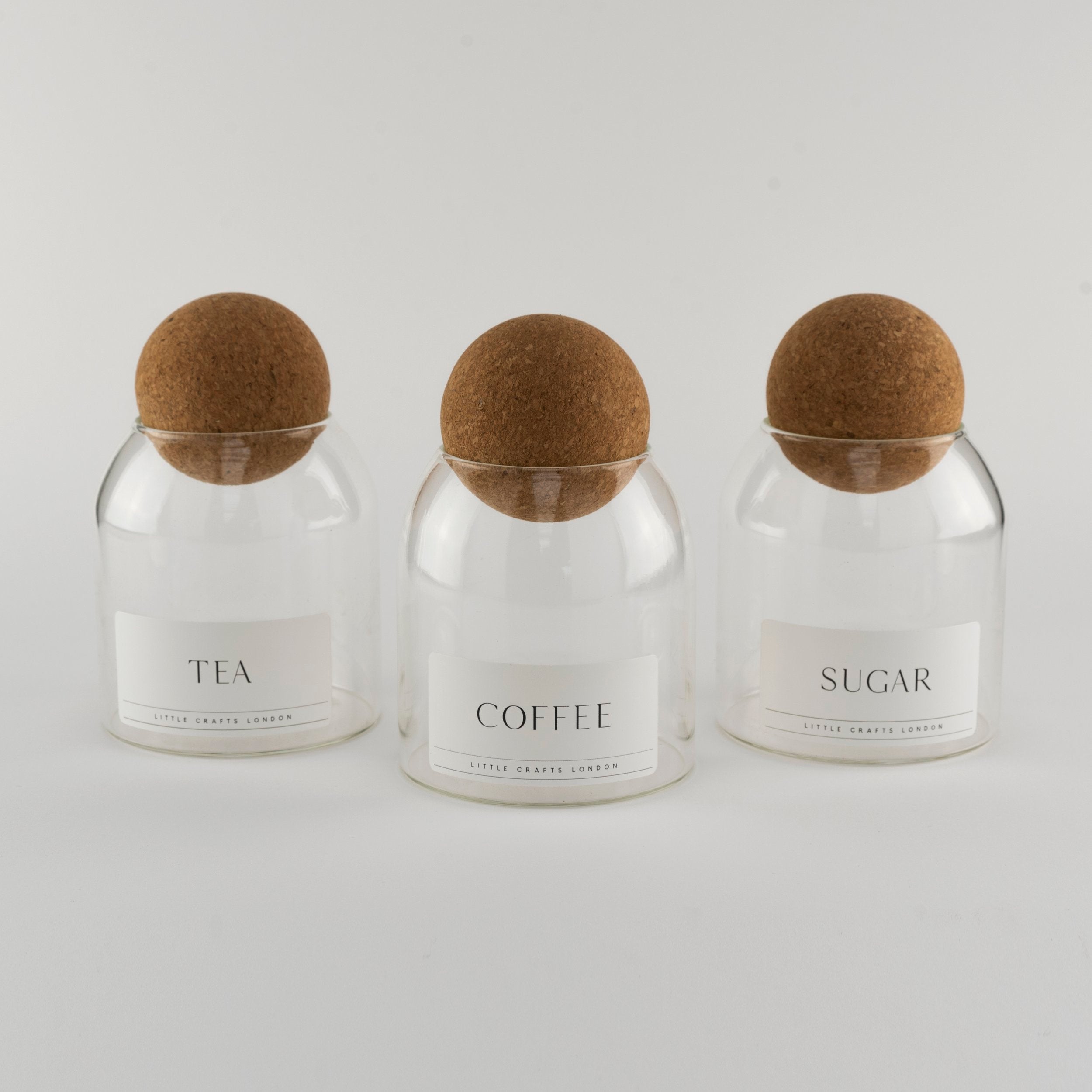 Set of 3 Cork Ball Glass Jars - Tea, Coffee and Sugar 500ml - Little Crafts London
