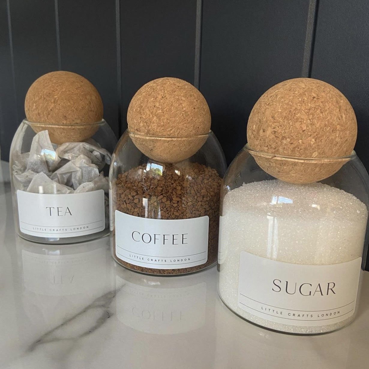Set of 3 Cork Ball Glass Jars - Tea, Coffee and Sugar 500ml - Little Crafts London