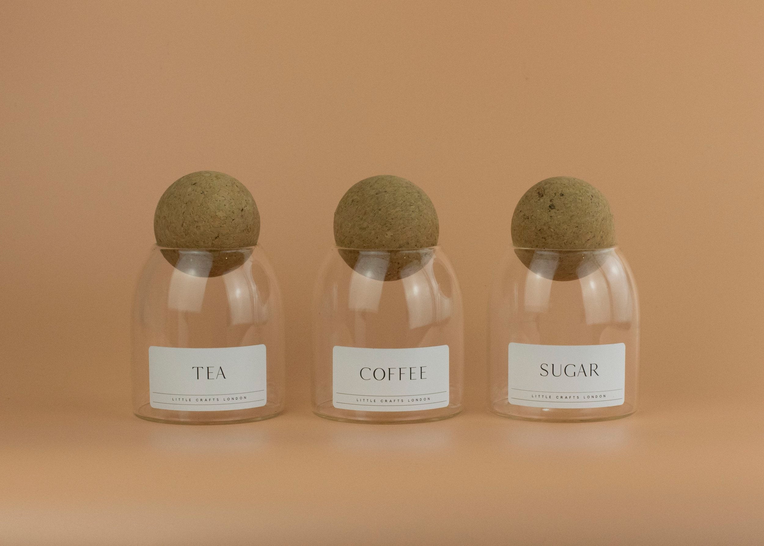 Set of 3 Cork Ball Glass Jars - Tea, Coffee and Sugar 500ml - Little Crafts London