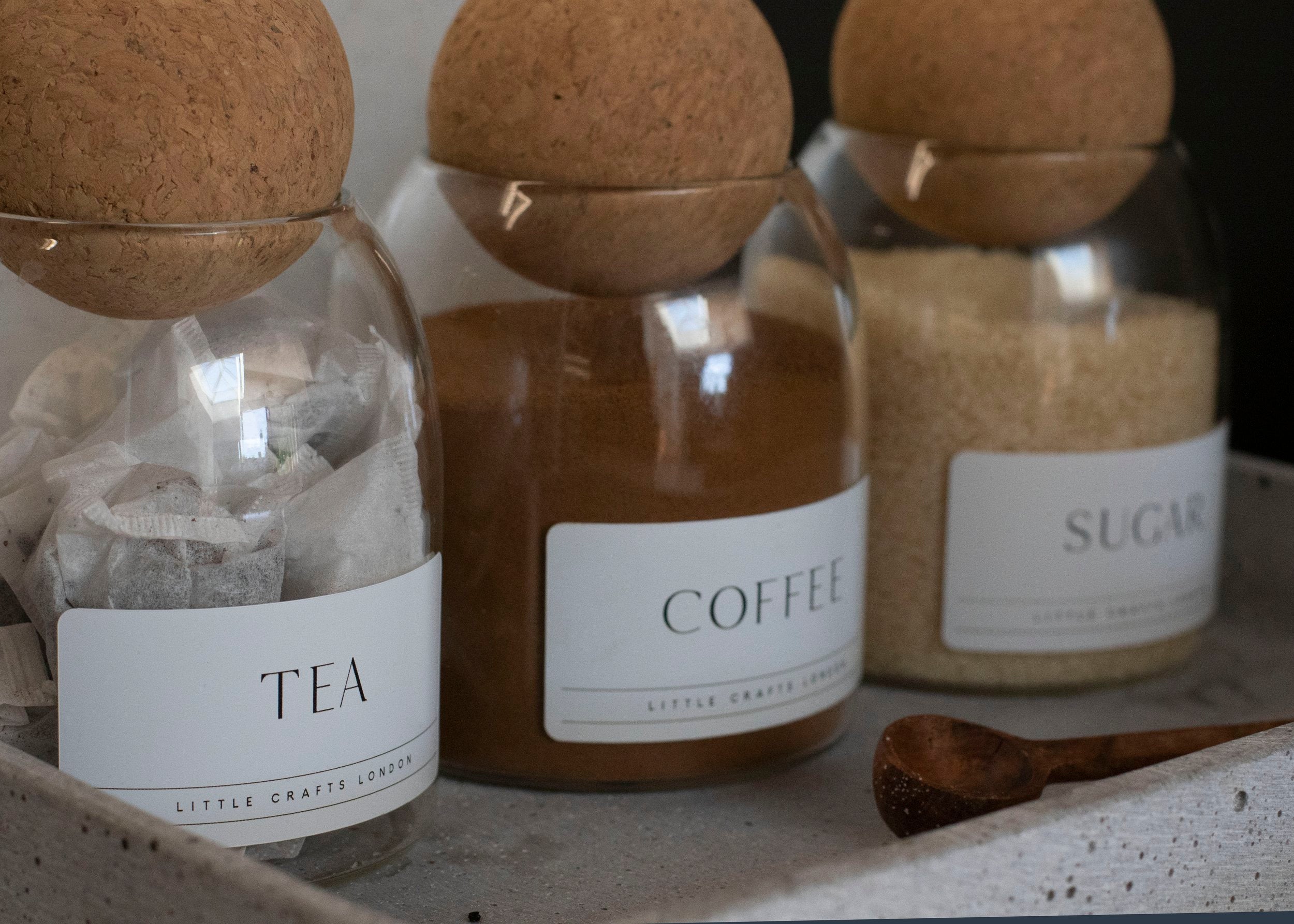 Set of 3 Cork Ball Glass Jars - Tea, Coffee and Sugar 500ml - Little Crafts London