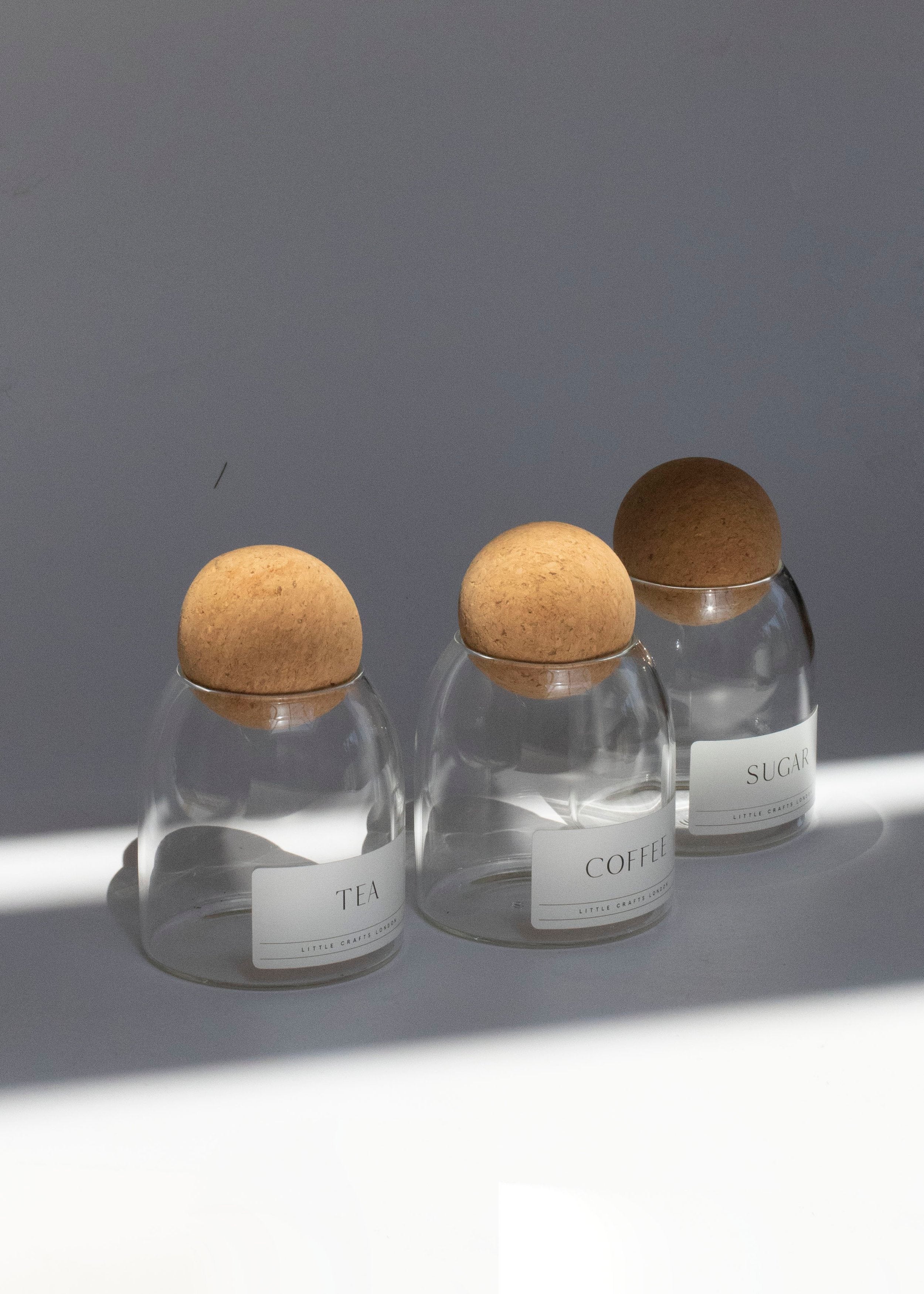 Set of 3 Cork Ball Glass Jars - Tea, Coffee and Sugar 500ml - Little Crafts London