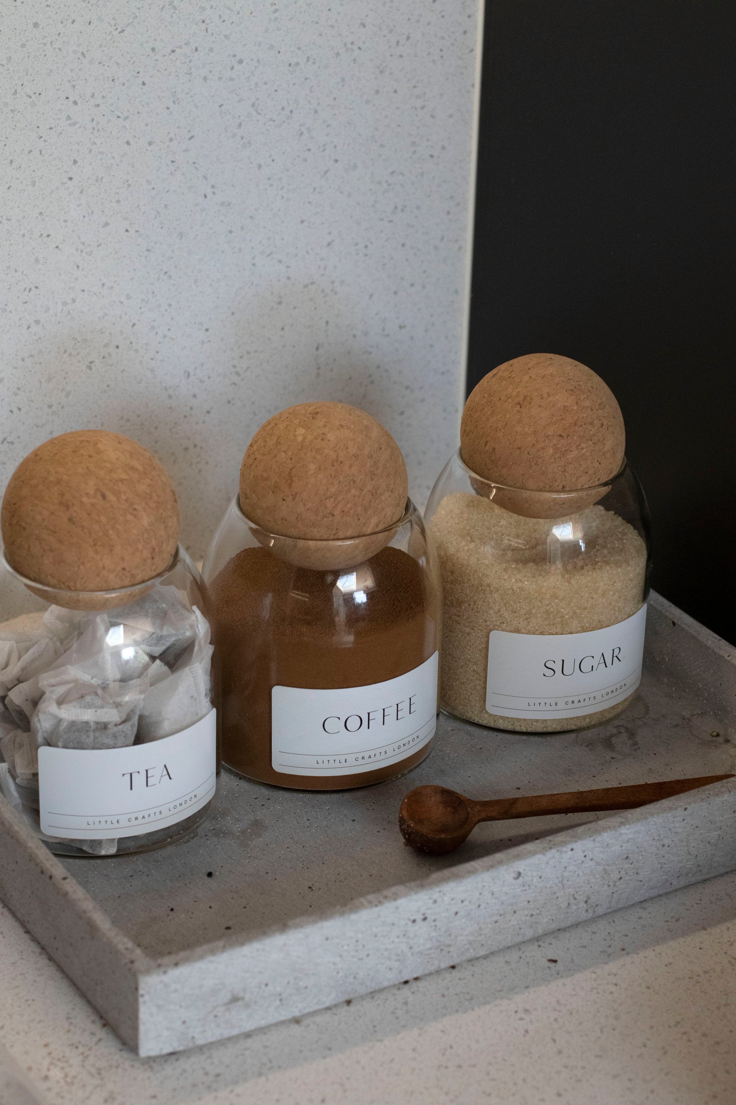 Set of 3 Cork Ball Glass Jars - Tea, Coffee and Sugar 500ml - Little Crafts London
