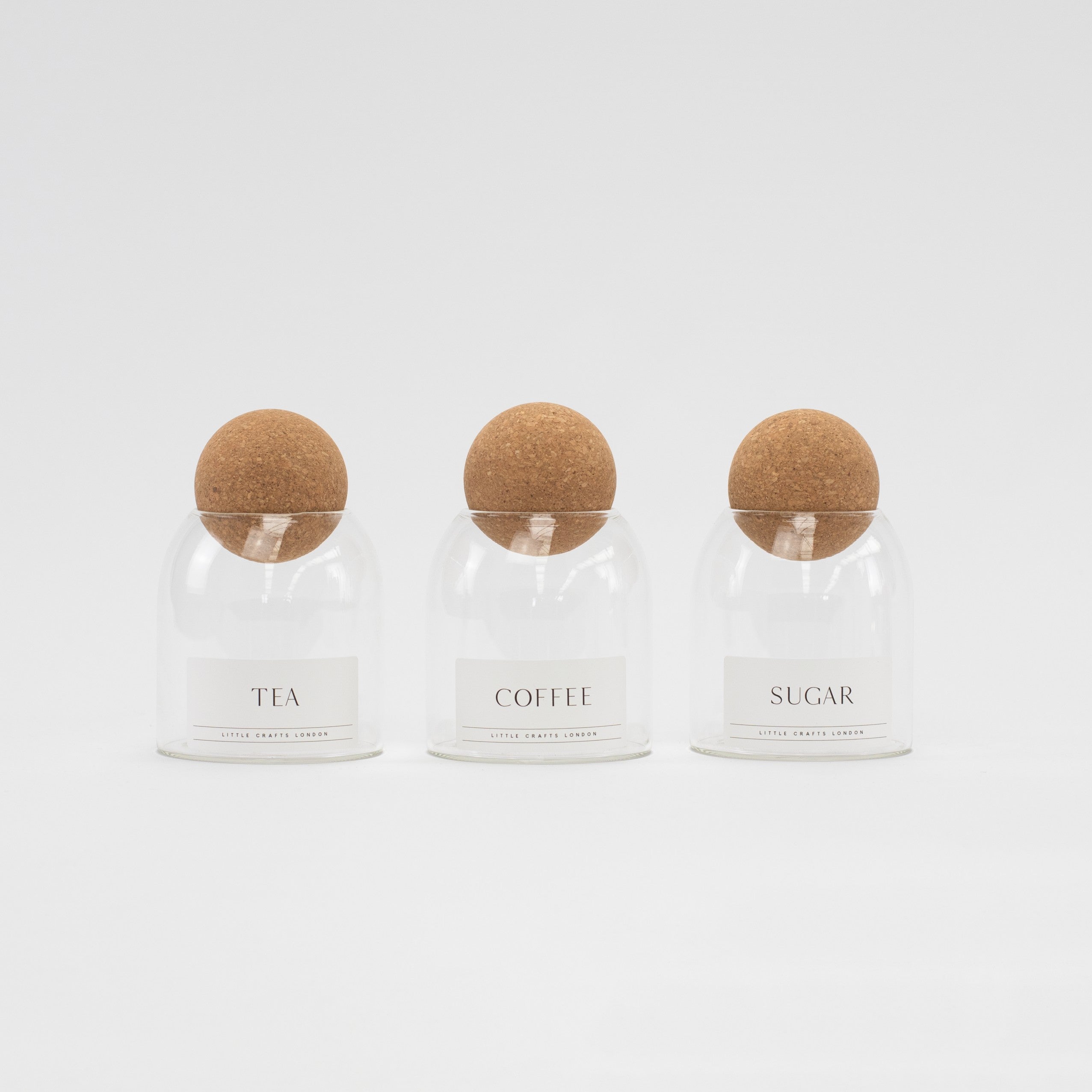 Set of 3 Cork Ball Glass Jars - Tea, Coffee and Sugar 500ml - Little Crafts London