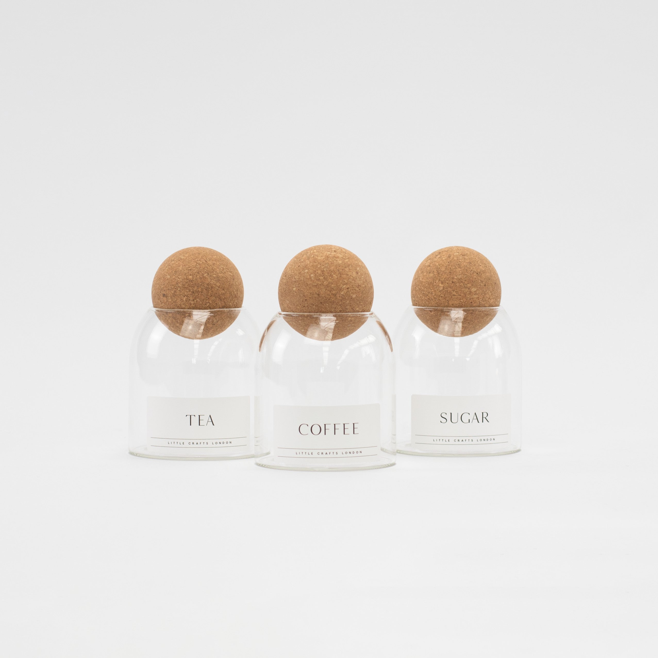 Set of 3 Cork Ball Glass Jars - Tea, Coffee and Sugar 500ml - Little Crafts London