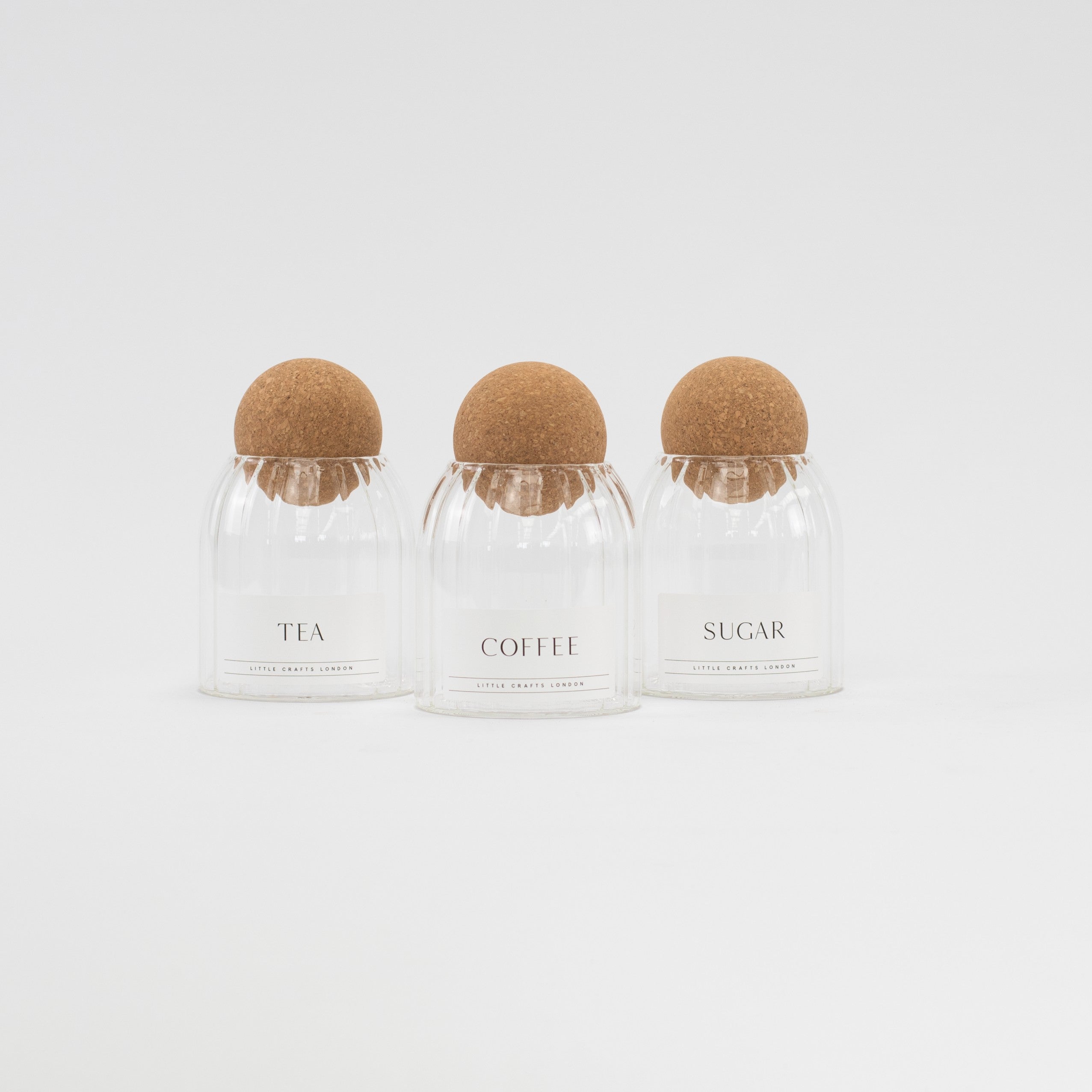 Set of 3 Cork Ball Glass Jars - Tea, Coffee and Sugar 500ml - Ribbed Cork Ball - Little Crafts London