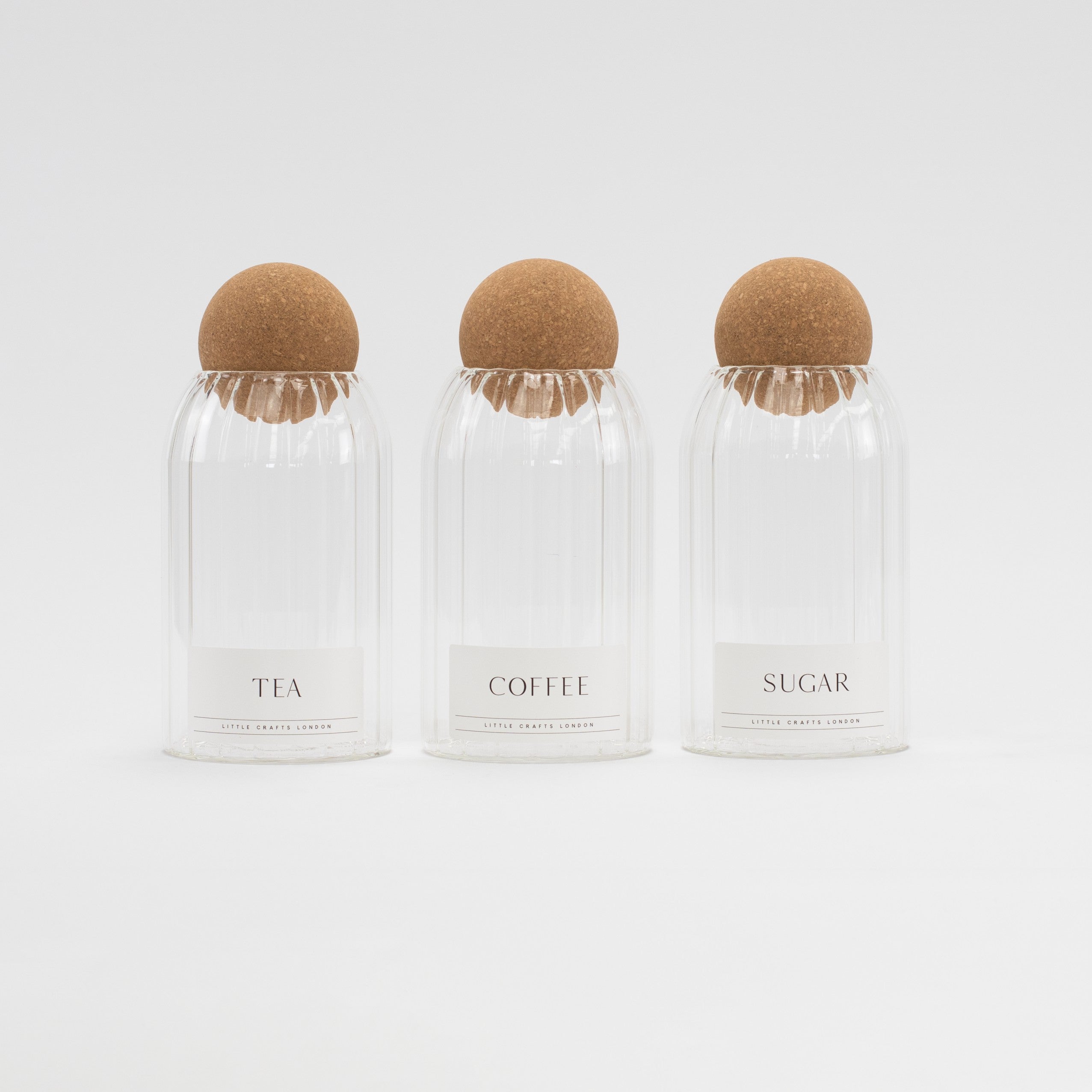Set of 3 Cork Ball Glass Jars - Tea, Coffee and Sugar 800ml Ribbed - Little Crafts London