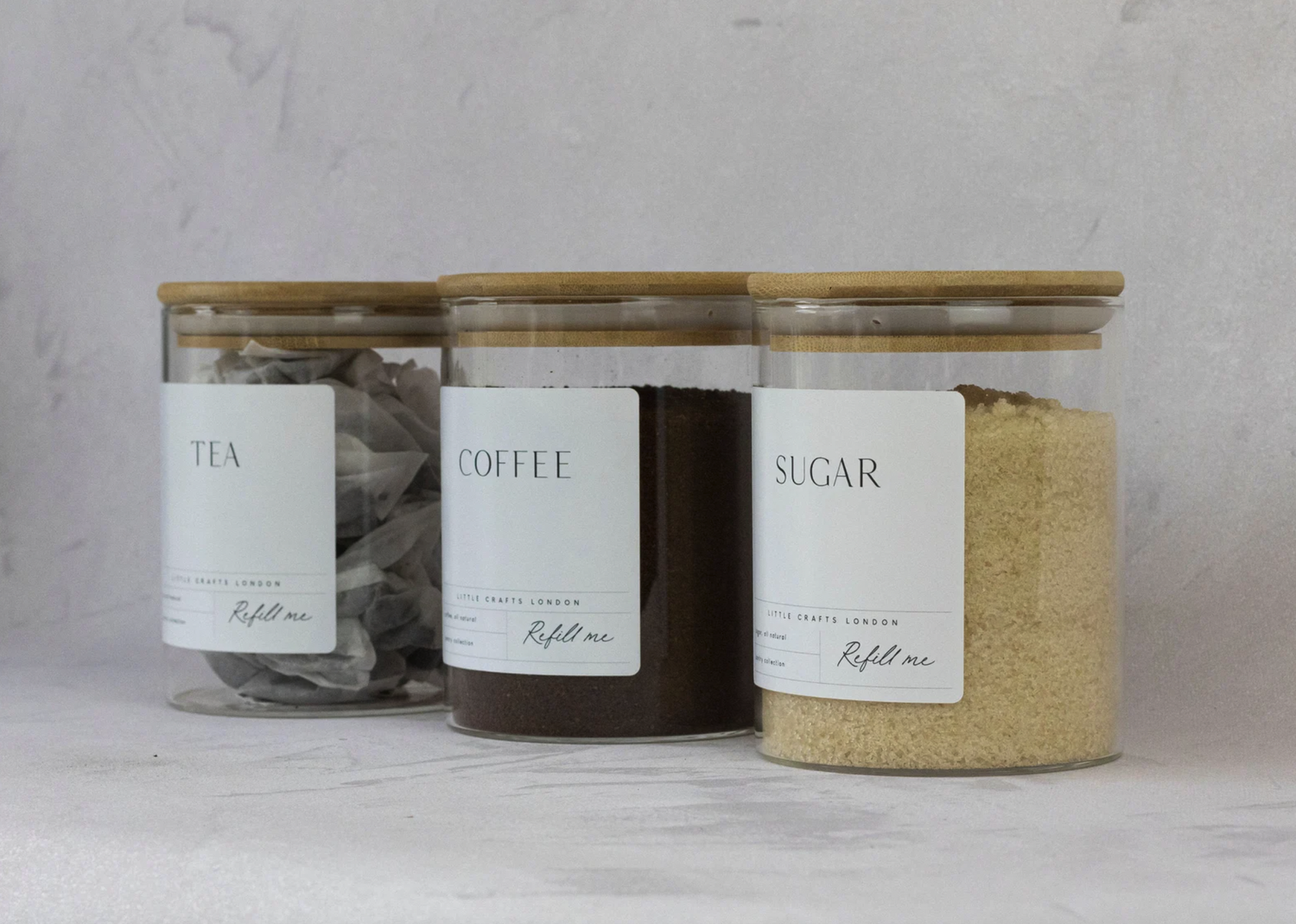 Set of 3 Glass Jars with Bamboo Lid - Tea, Coffee and Sugar 800ml [Large Label] - Little Crafts London
