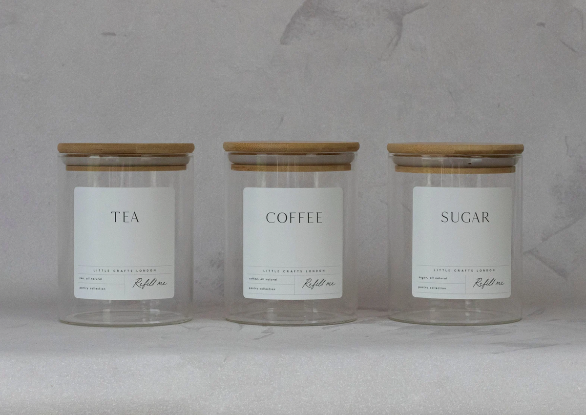 Set of 3 Glass Jars with Bamboo Lid - Tea, Coffee and Sugar 800ml [Lar