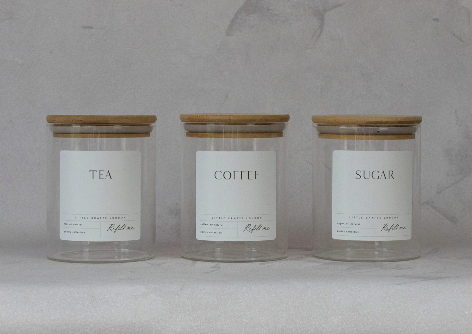 Set of 3 Glass Jars with Bamboo Lid - Tea, Coffee and Sugar 800ml [Large Label] - Little Crafts London