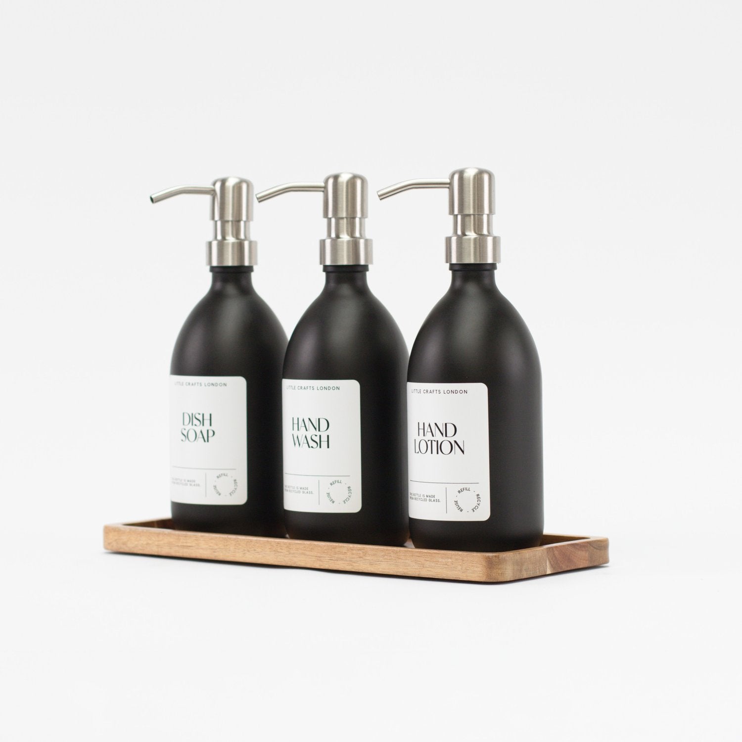 Set of 3 Reusable Matt Black Glass Bottles 500 ML with Stainless Steel Pump and Long Tray - Little Crafts London