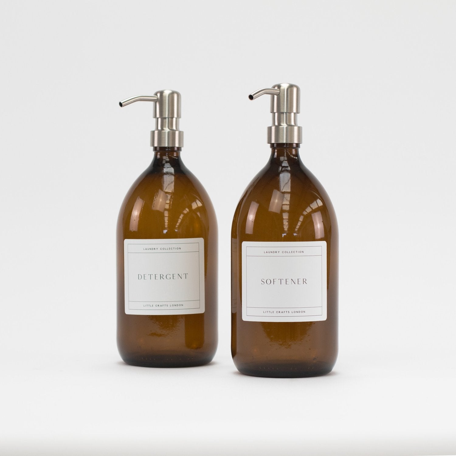 2x Amber Glass Bottle 1000ML with Stainless Steel Pump with Softener Detergent label - Little Crafts London