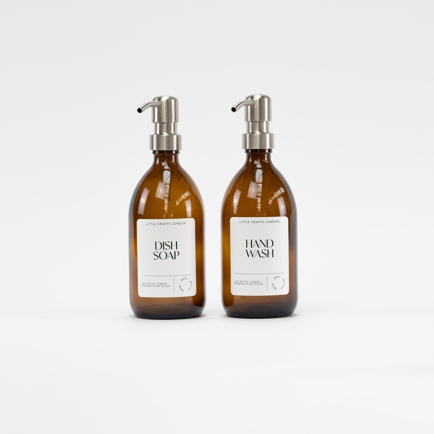 500ml Amber Glass Bottle with Stainless Steel Pump White Label - Little Crafts London