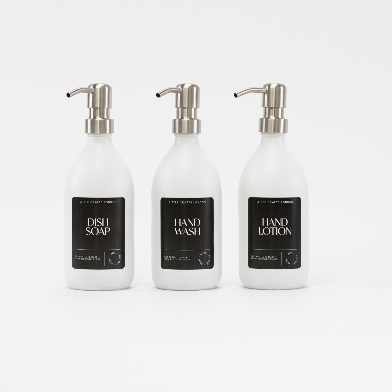 Milky White 500ml Glass Bottle with Stainless Steel Pump Black Label - Little Crafts London